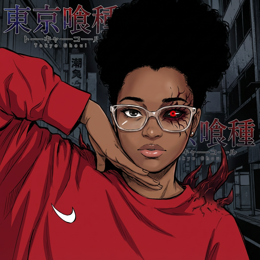 Can you make this person into a Tokyo Ghoul style drawing with there left eye being the kakugan