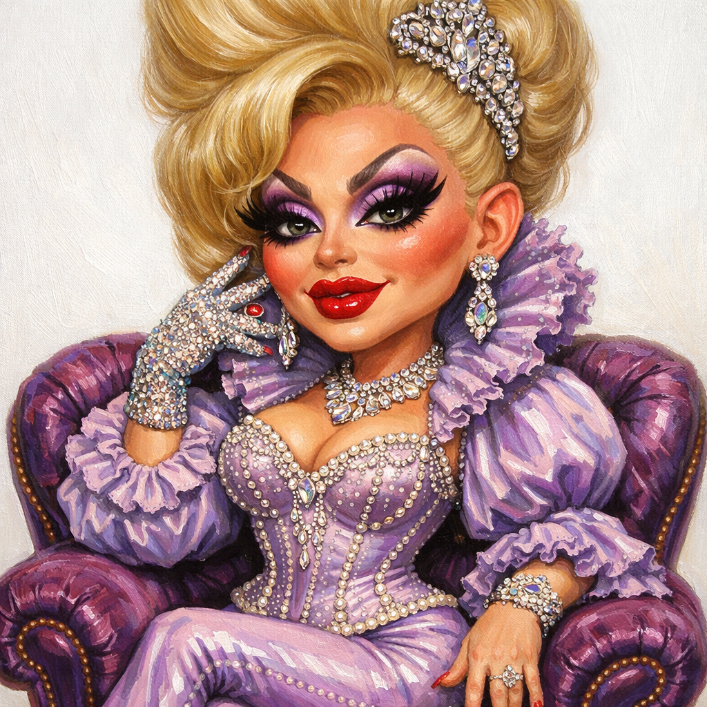 Cute caricature in glossy A glamorous drag queen with a bold, voluminous blonde beehive hairstyle adorned with a jeweled hairpiece sits regally on a plush purple armchair with tufts. She has sharp, defined features with dramatic makeup: bold purple eyeshadow, winged eyeliner, long eyelashes, and bright red lips.  They wear a luxurious, figure-hugging lavender satin corset and matching trousers, both richly decorated with intricate pearls and ruffled trim. The outfit features dramatic puff sleeves and a high, textured collar, complemented by a striking diamond necklace and dangling earrings. One hand is raised near the face, featuring a jeweled glove.,Rendering in Native 4K.. Oil painting, white background