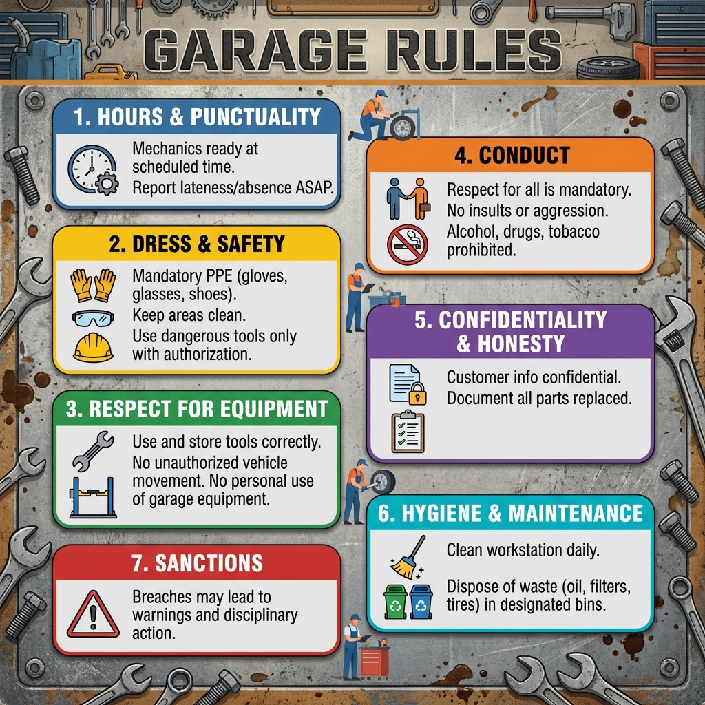 fait moi une affiche pour un reglement

Règlement du garage
1. Horaires et ponctualité
Les mécaniciens doivent être présents et prêts à travailler à l’heure prévue.
Tout retard ou absence doit être signalé au responsable dès que possible.
2. Tenue et sécurité
Le port de la tenue de travail et des équipements de protection (gants, lunettes, chaussures de sécurité, etc.) est obligatoire.
Les zones de travail doivent rester propres et dégagées.
L’utilisation d’outils ou de machines dangereuses se fait uniquement avec formation et autorisation.
3. Respect du matériel et des véhicules
Les outils et équipements doivent être utilisés correctement et rangés après usage.
Aucun véhicule client ne doit être déplacé sans ordre du chef d’atelier.
Il est interdit d’utiliser le matériel du garage à des fins personnelles sans autorisation.
4. Comportement
Le respect entre collègues, envers la direction et les clients est obligatoire.
Aucune insulte, dispute ni comportement agressif n’est toléré.
L’alcool, les drogues et le tabac sont interdits dans l’atelier.
5. Confidentialité et honnêteté
Les informations sur les clients et leurs véhicules sont confidentielles.
Toute pièce changée doit être conforme à la commande et justifiée sur la fiche de travail.
6. Hygiène et entretien
Chacun doit nettoyer son poste de travail en fin de journée.
Les déchets (huile, filtres, pneus, etc.) doivent être jetés dans les bacs prévus.
7. Sanctions
Tout manquement au présent règlement pourra entraîner un avertissement, puis une sanction disciplinaire selon la gravité.
