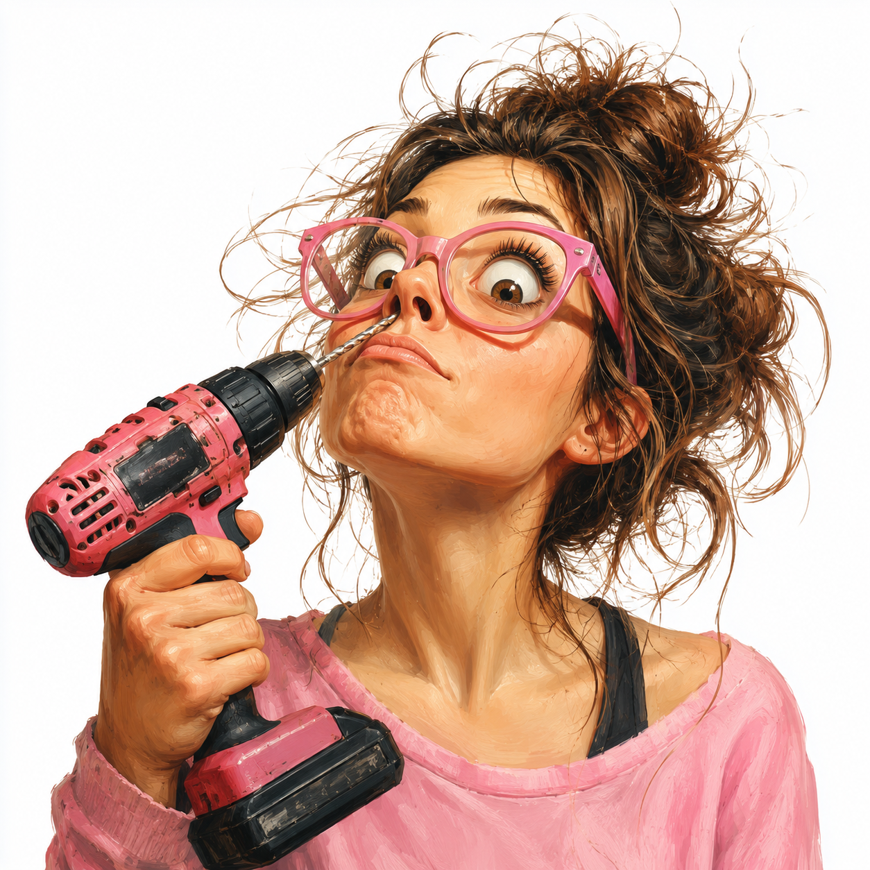 cute caricature woman with tangled hair and pink glasses drills in her raised nose. Rendering in Native 4K. oil painting, white background