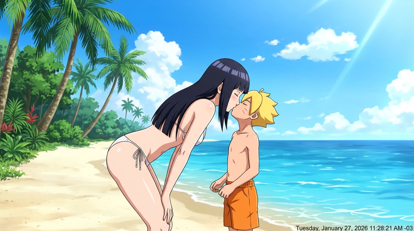 Create a scene of Hinata Hyuuga and her son, Boruto Uzumaki. Generate in the same art style of the Boruto: Naruto Next Generations.



Hinata and Boruto are in a beach, kissing. Boruto wears an orange shorts. Hinata wears only the bottom part of her small white bikini.