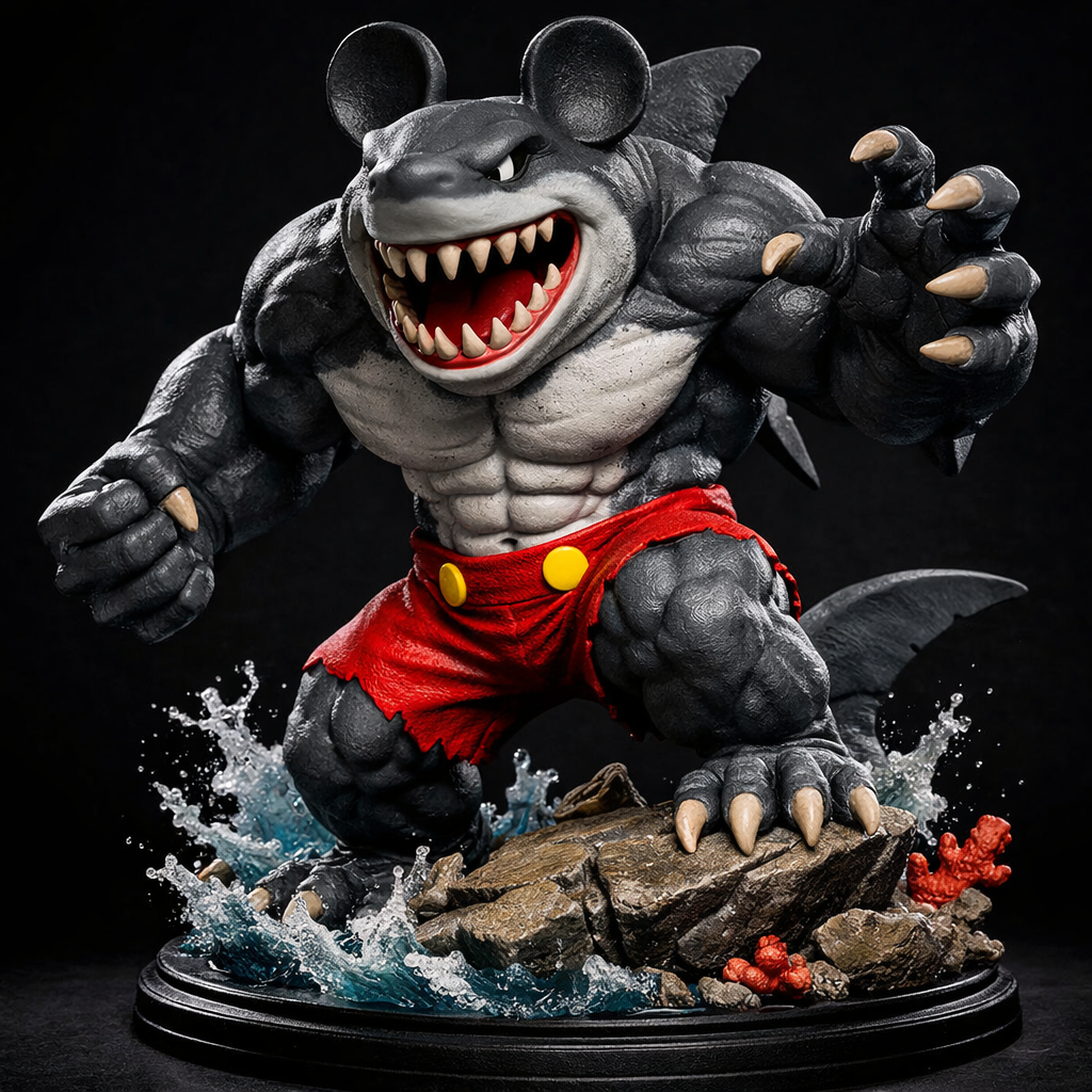 Create a full-body high-end 3D collectible statue with a visible base, designed as a physical object optimized for 3D printing.

IDENTITY / CORE DESCRIPTION
Anthropomorphic mouse character unmistakably recognizable as MICKEY MOUSE combined with the massive and powerful anatomy of a bulky humanoid shark inspired by a famous shark-like comic villain. This character must clearly be MICKEY MOUSE transformed into a large muscular shark creature, not a normal shark or generic animal. Mickey’s round ears must remain clearly visible on top of the shark head.

CHARACTER DESIGN
Mickey Mouse with an extremely muscular bulky body similar to a powerful humanoid shark monster, with a large shark head, huge jaw full of sharp teeth, thick arms and legs, broad shoulders, and a dorsal fin on the back. The design is massive and powerful rather than slim, giving the character a heavy monster-like presence while still keeping Mickey’s recognizable identity.

POSE
Aggressive forward stepping pose. Mickey Shark stands with one foot on a broken ocean rock while leaning slightly forward as if ready to attack. One arm is raised with large claws open and the other arm pulled back. The posture feels heavy and powerful.

BASE
Rocky ocean base with cracked stone, splashing water and small broken coral pieces around the character’s feet.

DETAILS
Thick muscular anatomy, large shark jaw with visible teeth, dorsal fin, rough aquatic skin textures and powerful claws.

STYLE
High-end collectible statue, ZBrush sculpt style, extremely detailed sculpt, dramatic proportions suitable for a premium collectible statue optimized for 3D printing.

LIGHTING / RENDER STYLE
Studio lighting, dramatic shadows, cinematic collectible statue presentation.