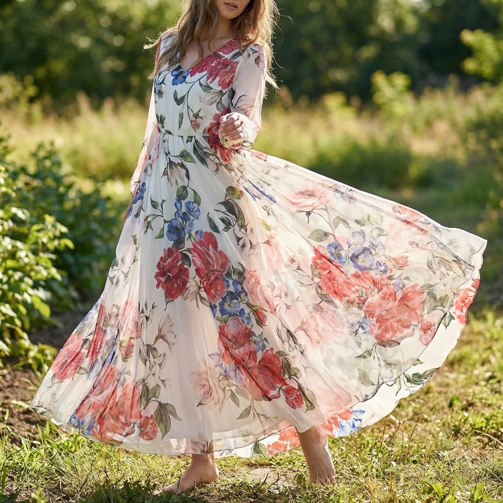 A long, light, airy dress on a model girl