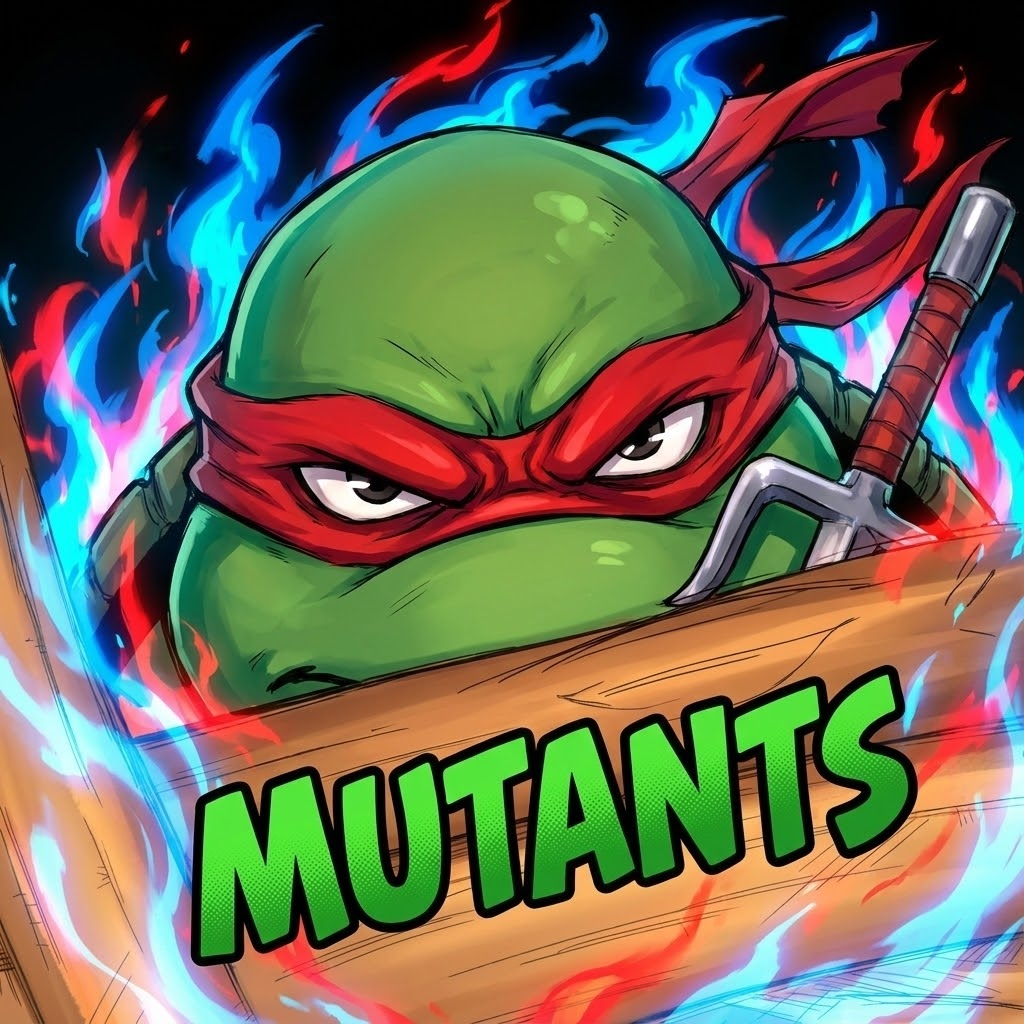 Change the text from Jujutsu K to Mutants and remove watermark making the text green, And also add the little blue red, blue more around to look better. And instead of the white haired blue eyes guy can you make a turtle similar to Raphael from Teenage Mutant turtles, having a red bandana and a jitte near him.

