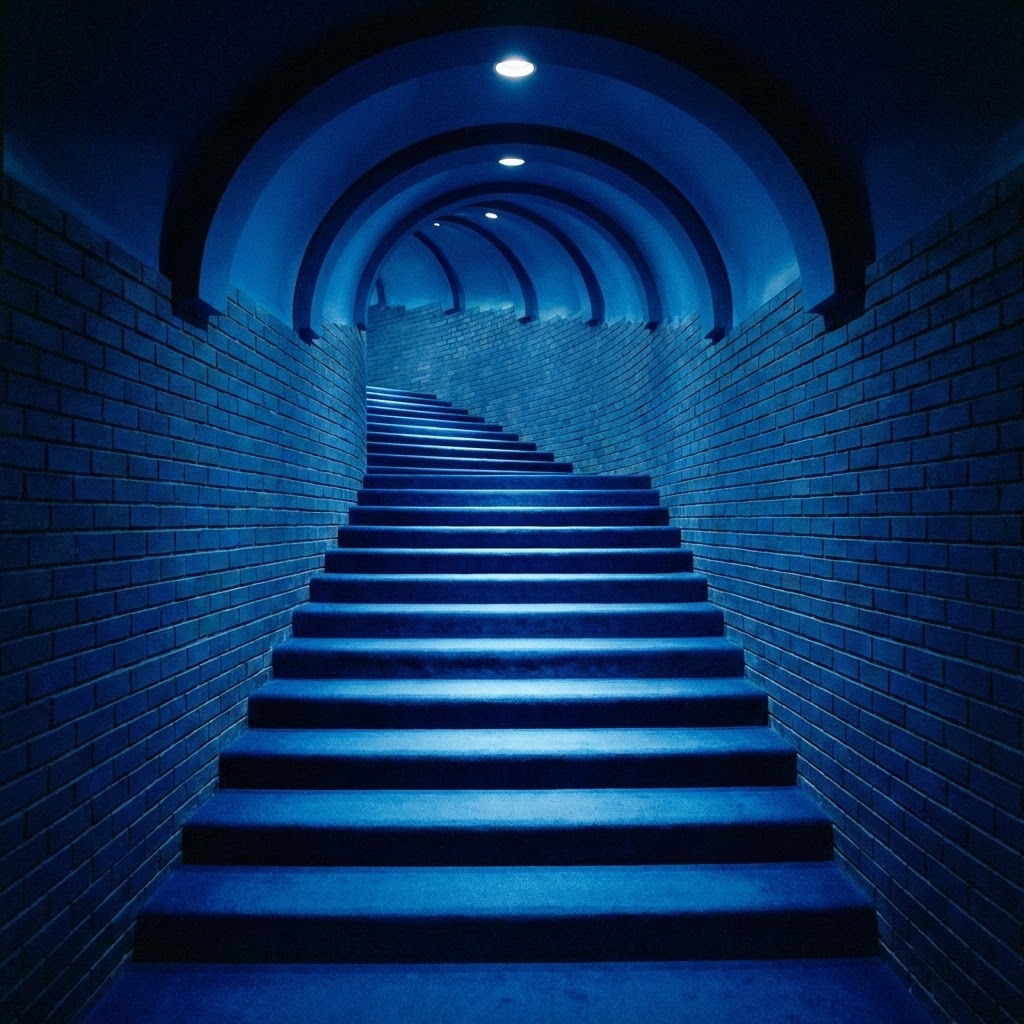 This is a photograph of a winding, illuminated blue staircase set within a brick-walled, tunnel-like structure. The stairs, carpeted in matching blue, curve gently upward, with each step casting a subtle blue glow from the ceiling, creating a mesmerizing, almost otherworldly atmosphere. The walls are composed of dark blue bricks, adding to the cohesive color scheme. The ceiling features smooth, curved arches that enhance the sense of depth and continuity. The overall scene exudes a futuristic, serene, and slightly mysterious ambiance.