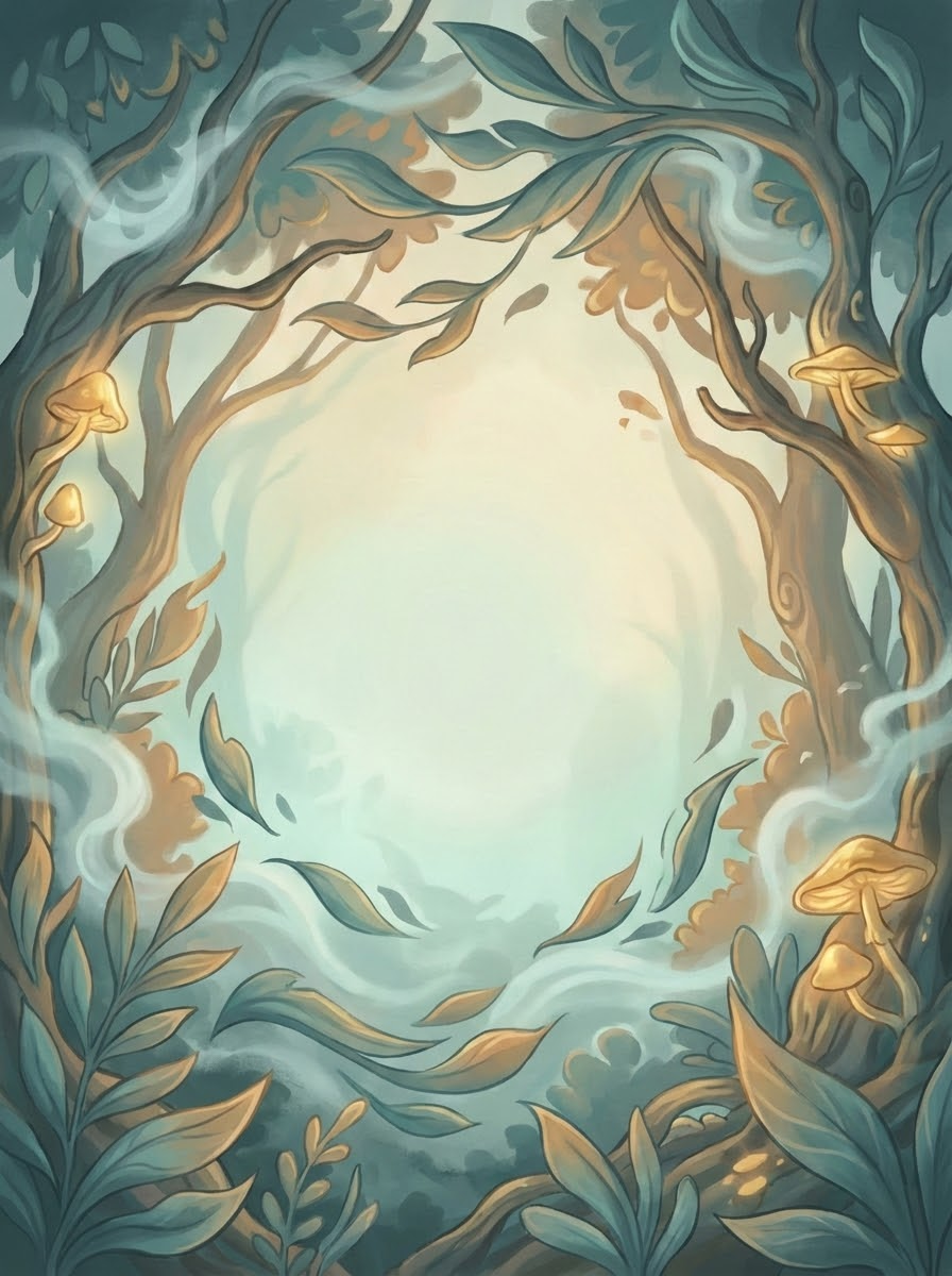 Fantasy illustrated background for tabletop RPG schedule

Soft illustrated fantasy environment, stylized and painterly, inspired by modern indie fantasy art.
A calm, atmospheric scene that feels like an entrance to an adventure world rather than an action moment.
Lush forest or abstract natural space with organic shapes, flowing foliage, leaves, mist, and subtle magical ambience.

No characters in focus, no action, no battle, no UI elements.
The composition forms a natural frame around the edges, with a clear, calm center reserved for text.

Color palette: muted teal, turquoise, blue-green, with optional warm accents (golden light, amber, soft green).
Lighting is soft and diffused, glowing from the background, creating depth without high contrast.

Style: painterly illustration, smooth gradients, soft edges, slightly whimsical, storybook fantasy.
Flat-to-semi-flat shapes combined with depth layers, no photorealism, no sharp realism.

Clean readable background suitable for overlaying a tabletop RPG schedule (D&D, Pathfinder, indie TTRPGs).
Vertical composition, centered negative space, calm and inviting mood, magical but cozy.

Quality: ultra-detailed, fantasy book cover quality, soft depth of field, professional illustration.
