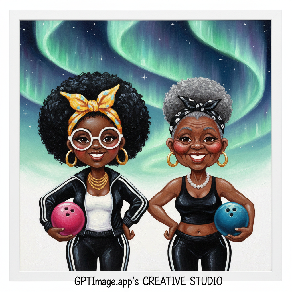 An explorer standing on a cliff, watching aurora ribbons illuminate the cute caricature glossy acrylic oil, mary engelbreit full body. Two cheerful, stylized female figures stand side by side.  The figure on the left is a young black woman with a large, voluminous afro, adorned with a yellow patterned bandana tied in a bow. She wears round white-rimmed glasses, large gold hoop earrings and a layered gold necklace. Her outfit consists of a white tank top under a black tracksuit jacket with white stripes, paired with matching black tracksuit pants. She holds a pink bowling ball in her left hand and has her right hand on her hip. The figure on the right is an elderly black woman with a tall, sculpted gray afro secured with a black bandana with white patterns. She has a wide, cheerful smile, large hoop earrings and a long pearl necklace. She wears a black, bodycon sports top and matching trousers with white side stripes. In her left hand she holds a blue bowling ball, with her right hand on her hip.   oil painting, white backgroundsky above GPTImage.app's creative studio.