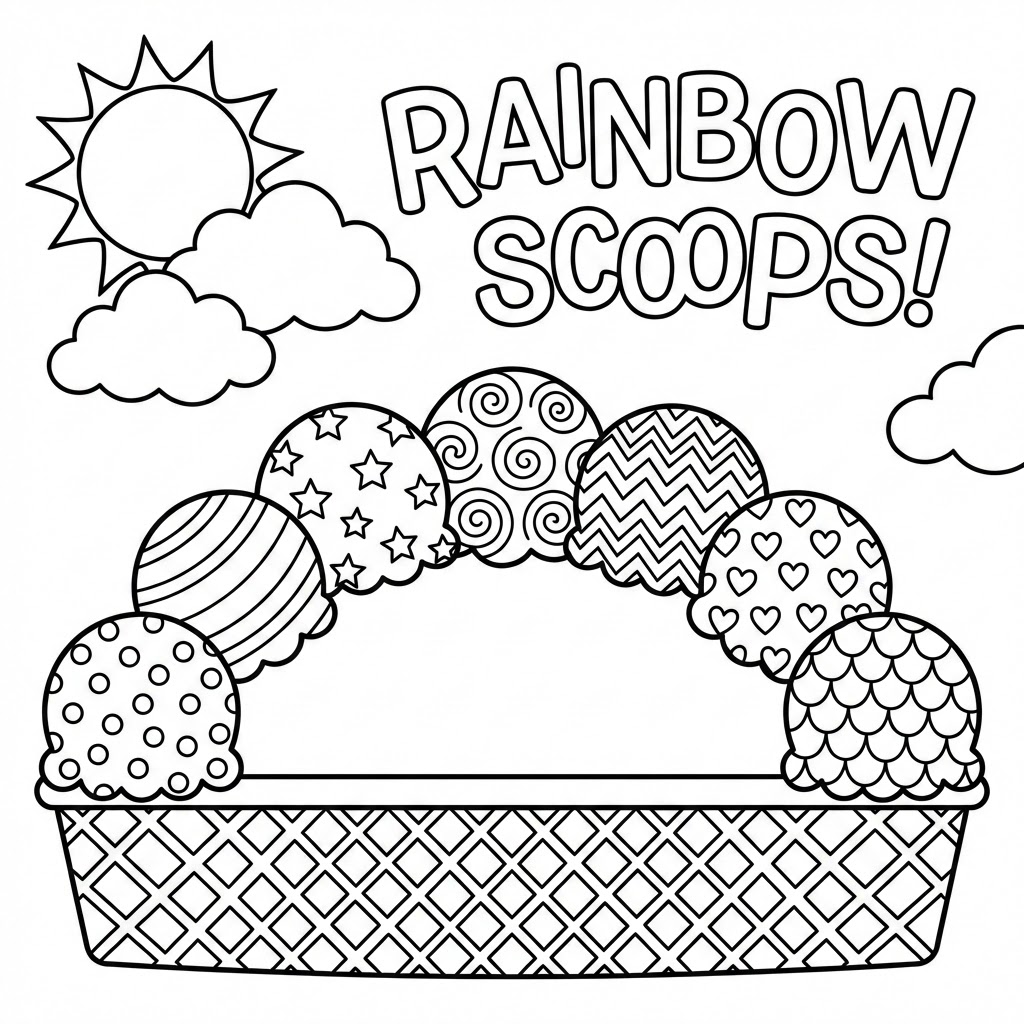 Create a kids colouring page: Seven scoops in a row forming a rainbow, each with a different pattern to color.
