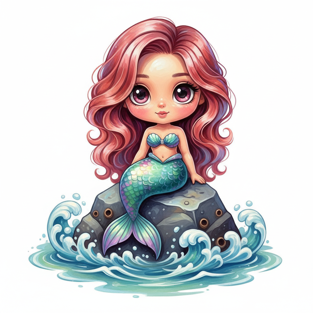 cute caricature glossy acrylic oil, chibi fmermaid on a rock with water waves and ripples .Rendering in Native 4K. oil painting, hite background