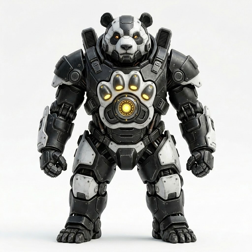 Front view, facing the audience.
Full body visible from head to feet.
No cropping.
Full-length character shot.
Ultimate heroic Gundam-style standing pose.
The character stands in a powerful and iconic frontal hero stance.
Feet firmly planted slightly wider than shoulder-width apart.
Legs straight and stable.
Torso upright and vertical.
Chest expanded forward.
Shoulders broad and squared.
Arms naturally lowered.
Head facing forward.
Eyes looking at the viewer.
Perfect symmetry.
Centered composition.
Clean white background.
Ultra-detailed 3D render of a giant panda wearing a heavy orbital combat mecha exoskeleton.
Heavy realistic mechanical design.
Industrial military machine.
Not decorative.
Not toy-like.
Not flat.
Panda Helmet
Fully enclosed panda-shaped mechanical helmet.
Clear panda silhouette.
Rounded armored contours.
Mechanical panda ears.
Black armored eye panels.
Sensor lenses.
Reinforced visor plates.
Helmet Ears
Two armored panda ears.
About 120% real size.
Rounded heavy armor.
Tilted outward slightly.
Realistic panda ear placement.
Heavy Mecha Armor
Black and white armor.
Thick overlapping plates.
Visible bolts and joints.
Deep mechanical gaps.
Structural frames visible.
Industrial engineering design.
Chest Armor β Panda Paw Cannon (Stable Version)
The chest clearly shows a panda paw-shaped weapon.
Simple strong panda paw shape.
One large center pad.
Four smaller pads above.
Clear panda paw silhouette.
Easy to recognize.
Must look like a panda paw from distance.
Central Cannon
The center pad is a large photon cannon.
Deep circular barrel.
Thick metal rings.
Strong yellow energy glow inside.
Heavy weapon design.
Finger Pads
Four raised finger pads above the cannon.
Each finger pad is thick armor.
Each finger pad glows soft yellow.
Finger pads clearly separated.
Rounded shapes.
No claws.
No nails.
Key Visual Rule
The chest must look like:
A PANDA PAW WEAPON
Not a reactor.
Not a symbol.
Not a pattern.
Real mechanical object.
Abdomen Armor
Segmented white plates.
Central line.
Pressure sealed edges.
Thermal System
Cooling radiators on the back.
Cooling fins on shoulders.
Space thermal system.
Rendering
Ultra detailed.
Photorealistic metal.
Hard surface modeling.
Deep shadows.
Sharp edges.
Heavy materials.
Studio
Clean white studio background.
No environment.
No scenery.
No objects.
No text.
No logos.
Centered full-body render.
Product-style.