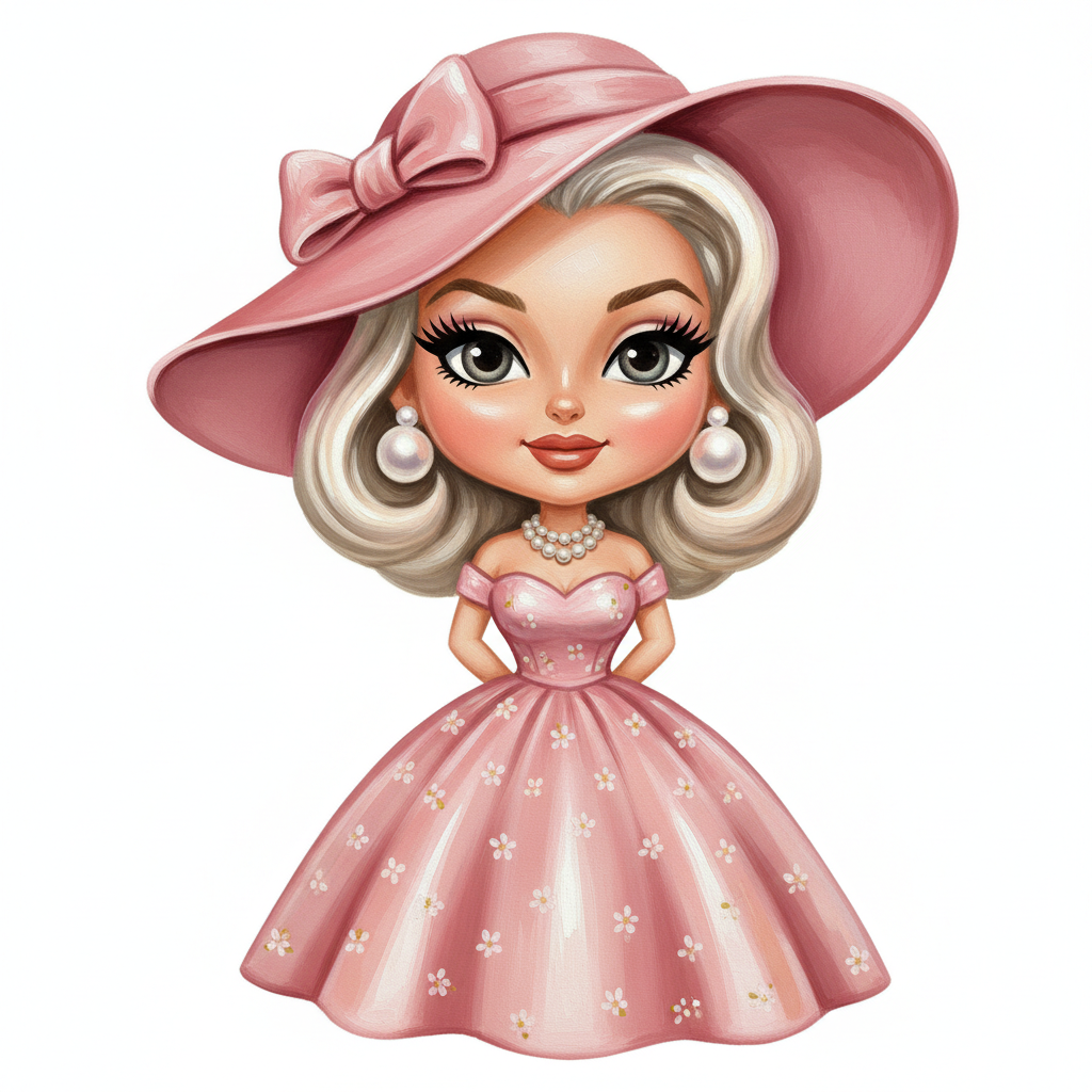 cute caricature glossy chibi glamorous woman from the 1950s in a vintage aesthetic. The motif features platinum blonde hair styled in a sophisticated mid-century wave and wears a pink wide-brimmed hat, large pearl earrings, and a multi-strand pearl necklace. Her makeup consists of defined, winged eyeliner, long, dramatic eyelashes and soft, peachy lipstick.  . Rendering in Native 4K. oil painting, white background