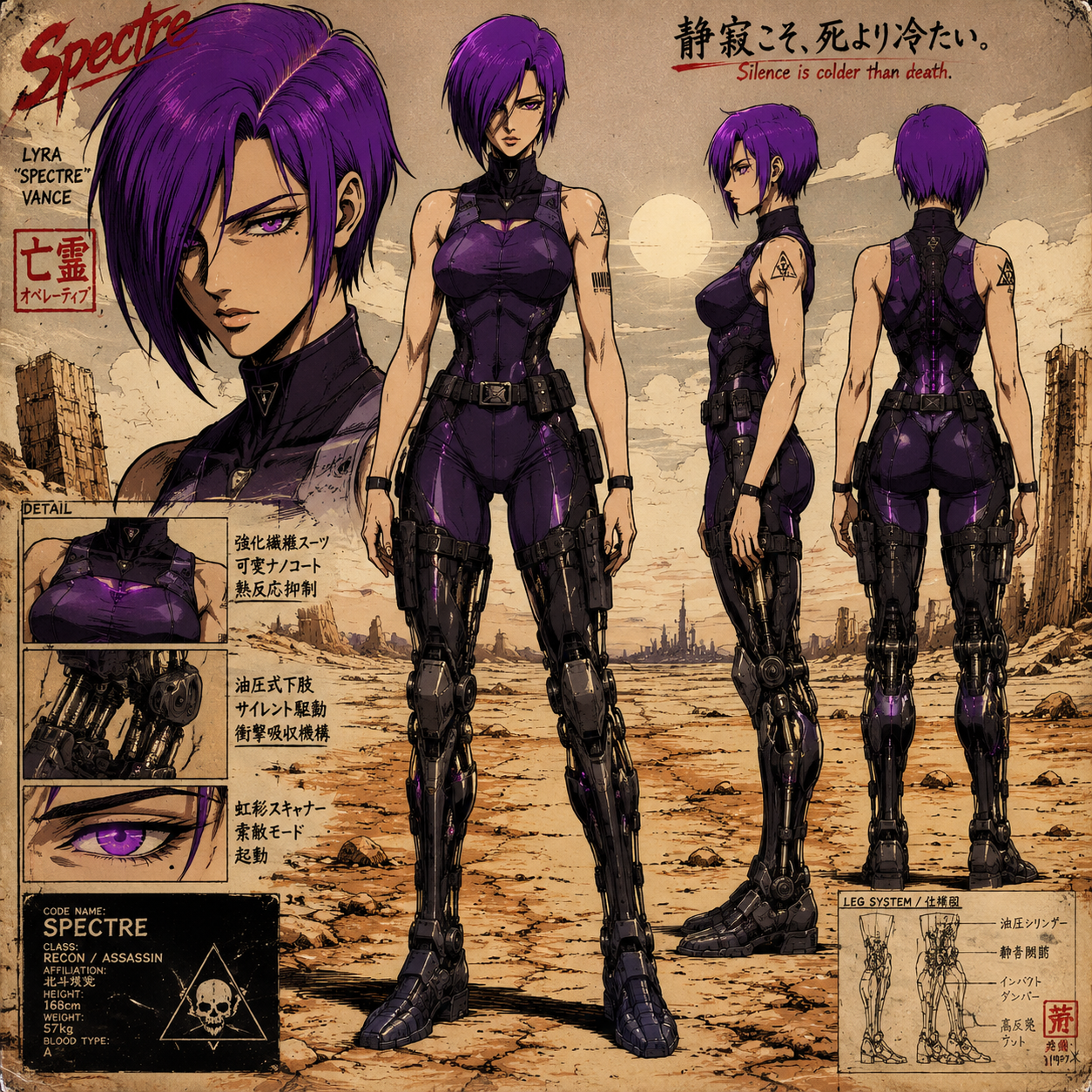 A full-body character design reference sheet in a neutral standing pose, pure 1986 theatrical anime cel film style like Fist of the North Star. A retro anime movie reimagining of a sleek female wasteland operative named Lyra "Spectre" Vance. She is explicitly an adult female with a sharp, angular face shape, narrow piercing violet eyes, and a cool, detached expression. Her hair is vibrant purple, styled in a sharp, asymmetrical bob cut that frames her face. She wears a form-fitting, dark purple and black tactical bodysuit adapted for wasteland stealth, which is strictly sleeveless to expose her arms, with reinforced joints and subtle glowing circuitry lines. Her legs are heavily augmented with hydraulic detailing for silent, devastating movement. She is standing straight in a neutral, relaxed pose facing the viewer, arms bare and resting naturally at her sides, with a calm, focused, and serious neutral expression. Simple dusty desert horizon background with harsh sunlight to highlight the character design. Thick slightly wobbly hand-inked black outlines, heavy dense cross-hatching, strong yellowish old celluloid tint, heavy film grain, muted desaturated wasteland palette of bone-whites and rusty reds, extreme high contrast hard shadows, raw vintage lofi theatrical OVA aesthetic, flat limited cel no gradients, subtle cel registration drift, intense understated post-apocalyptic atmosphere, highly detailed anime cel animation, masterpiece.