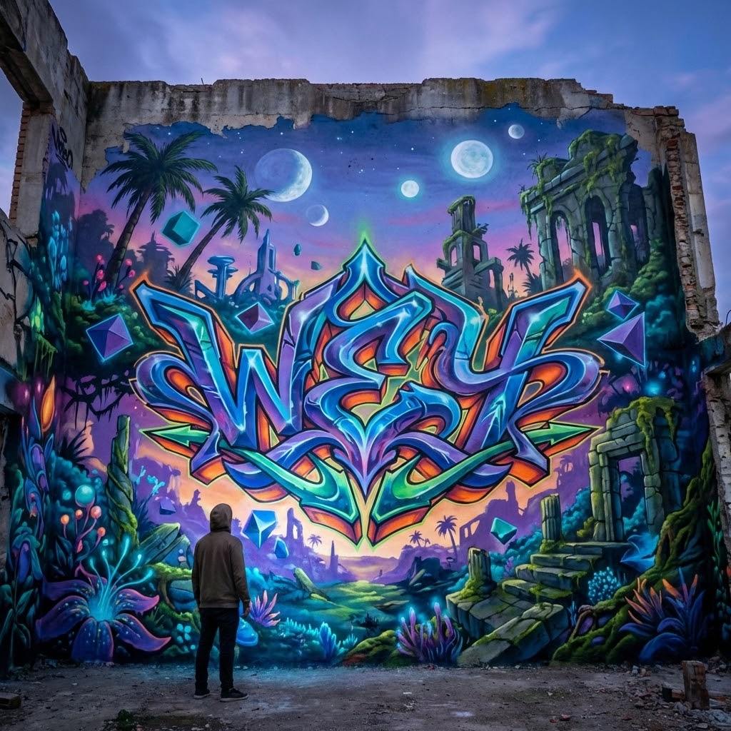 a surreal and vibrant cinematic photo of a stunning  graffiti  with the name WEY showcasing a mesmerizing blend of street art and dreamlike scenery, where the symmetric style of the graffiti creates a sense of harmony the letters conecting whit visual balance. on the legendary WEY Graffiti