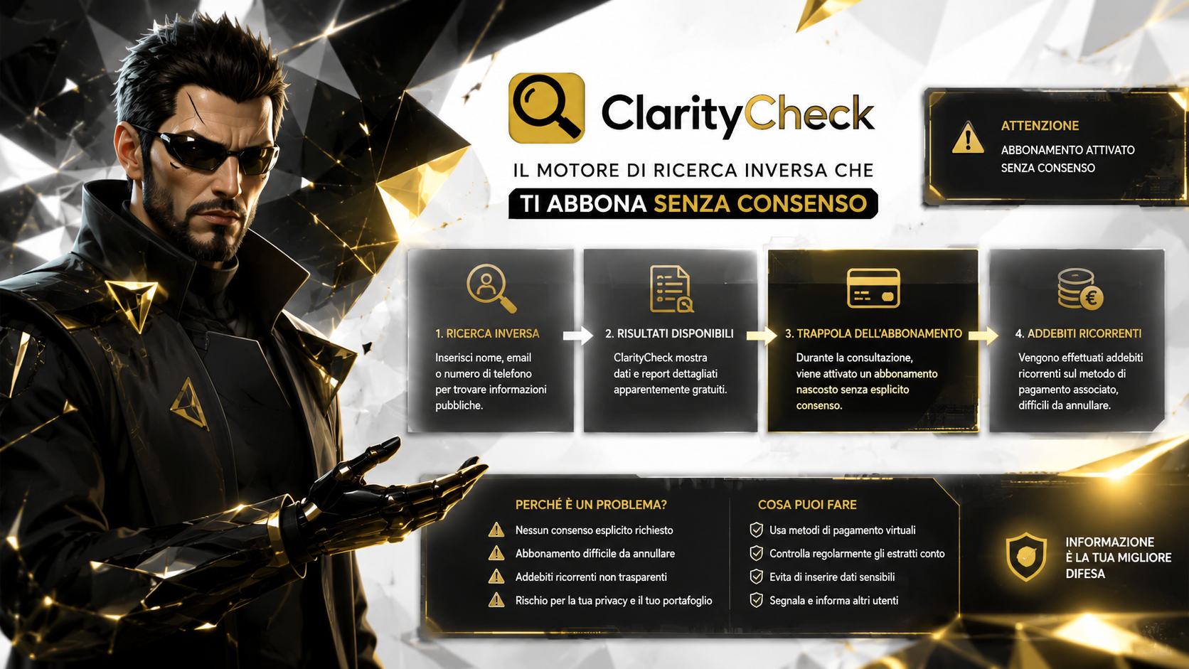 immagine fotografica illustrativa molto professionale che illustra ClarityCheck, il sito di ricerca inversa che ti abbona senza consenso
Immagine molto chiara e luminosa e ultra dettagliata con colori molto vividi e brillanti e luminosi e stile ultra moderno in stile Adam Jensen di Deus Ex Mankind Divided con poligoni e frattali tipo il breach con colori bianco puro, nero intenso, grafite e dorato metallico, il personaggio lo spiega illustrandolo in italiano in modo serio e professionale