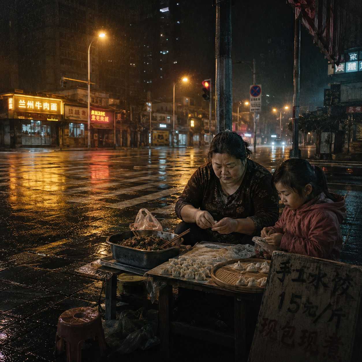 凌晨两点，刚下了场大雨，现在还在下小雨 城市有黄色霓虹灯，路上几乎没有行人 在一个十字路口下 一个四十岁体态略胖的妇女带着七八岁的小孩在路边现包饺子
