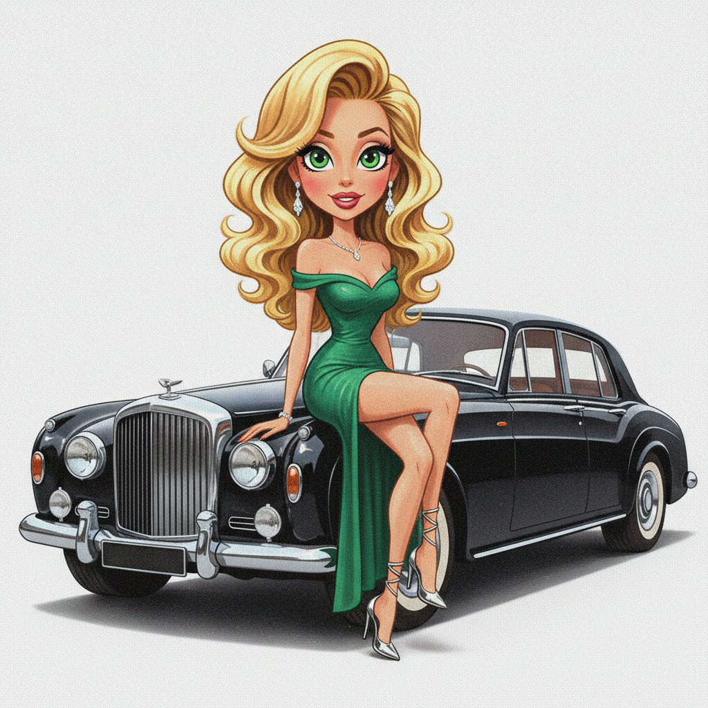 cute caricature pin up style glamorous, fair-skinned blonde woman with voluminous, wavy hair, bright green eyes and long dark eyelashes, sitting gracefully on the front bumper of an elegant, polished black classic luxury sedan. She wears an emerald green, off-the-shoulder, high-slit evening dress featuring diamond-like drop earrings and a delicate necklace, as well as metallic stiletto heels with straps that wrap around her calves.. Rendering in Native 4K, 50 pixel, oil painting, white background