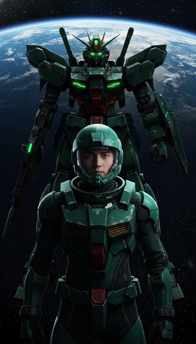 As a professional photographer, capture a cinematic image featuring a close-up portrait of young man in an accurate helmeted green Celestial Being Gundam pilot space suit from Mobile Suit Gundam 00 with high contrast key lighting from bottom of the frame. Subject dominate the bottom of the image while a realistic, highly detailed Gundam Dynames from Mobile Suit Gundam 00 looms behind the subject (copying the subject's composition and lighting), in the middle of the image. Partial image the Earth dominate the top edge of the image. Deep dark space background. Centered, vertical composition. Capture the image with high definition professional photography look with sharp focus on subject. 9:16 aspect ratio