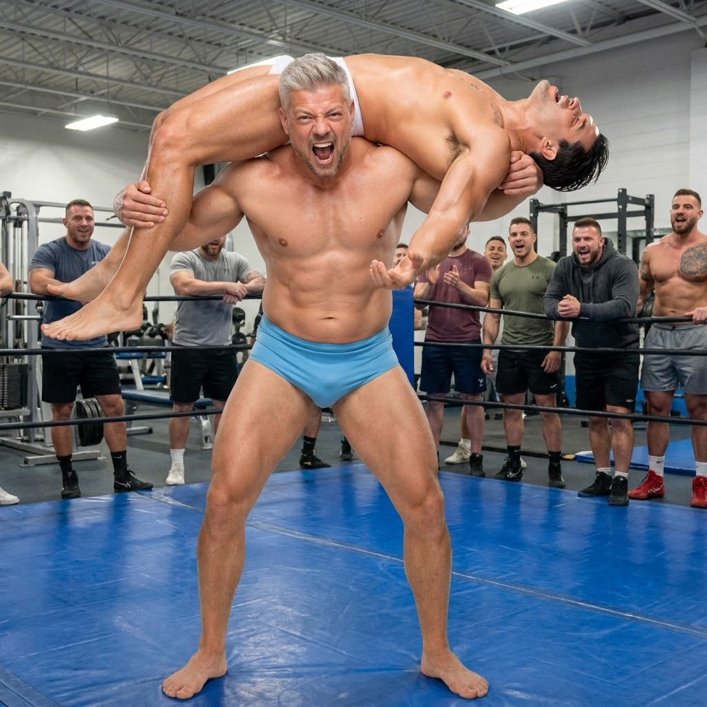 change background to gym with guys watching.  add wrestling mat.