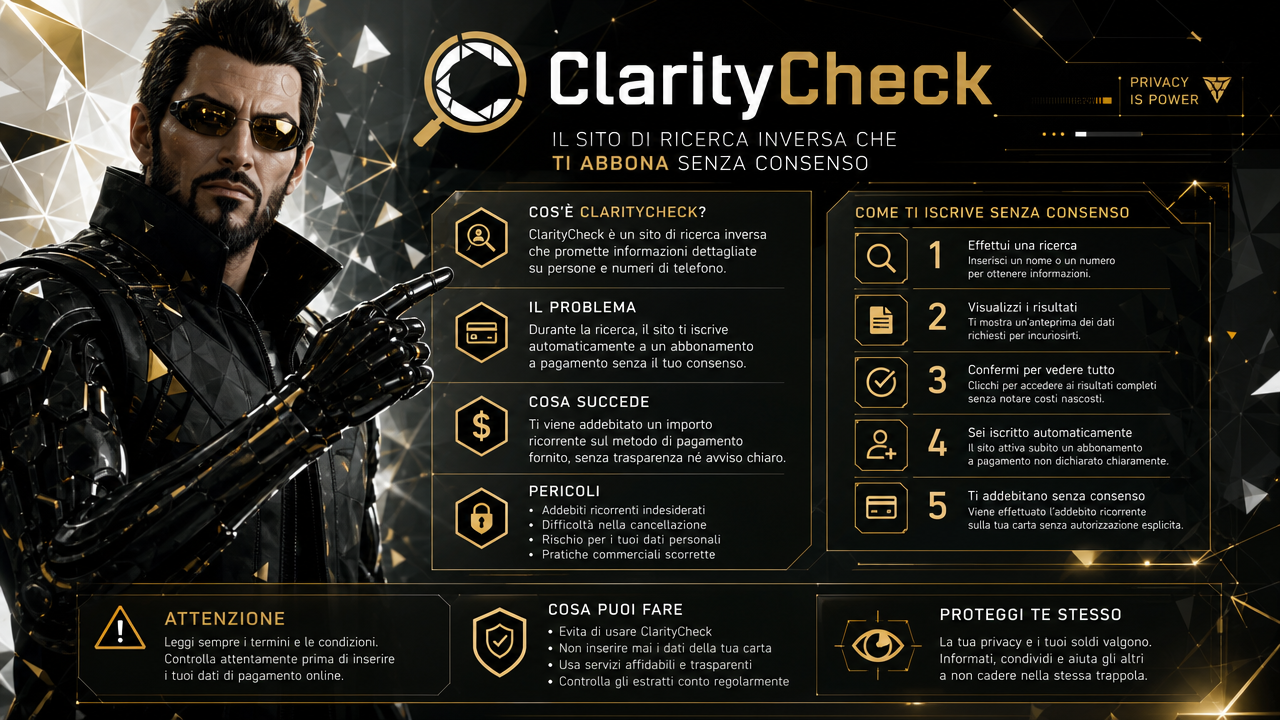 immagine fotografica illustrativa molto professionale che illustra ClarityCheck, il sito di ricerca inversa che ti abbona senza consenso
Immagine molto chiara e luminosa e ultra dettagliata con colori molto vividi e brillanti e luminosi e stile ultra moderno in stile Adam Jensen di Deus Ex Mankind Divided con poligoni e frattali tipo il breach con colori bianco puro, nero intenso, grafite e dorato metallico, il personaggio lo spiega illustrandolo in italiano in modo serio e professionale e con testo chiaro e ben leggibile