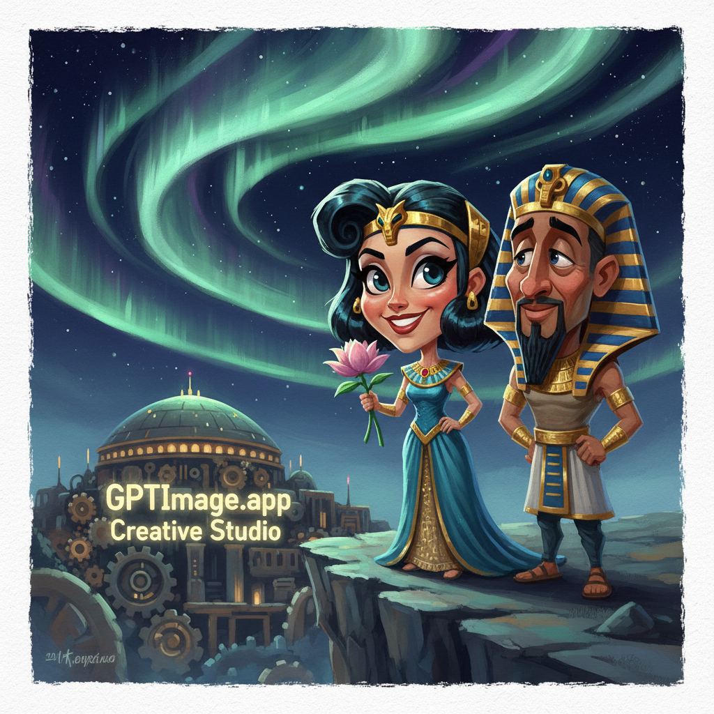 An explocute caricature pin up style Cleopatra receives a flower from Pharaoh. Rendering in Native 4K, 50 pixel, oil painting, white backgroundrer standing on a cliff, watching aurora ribbons illuminate the sky above GPTImage.app's creative studio.