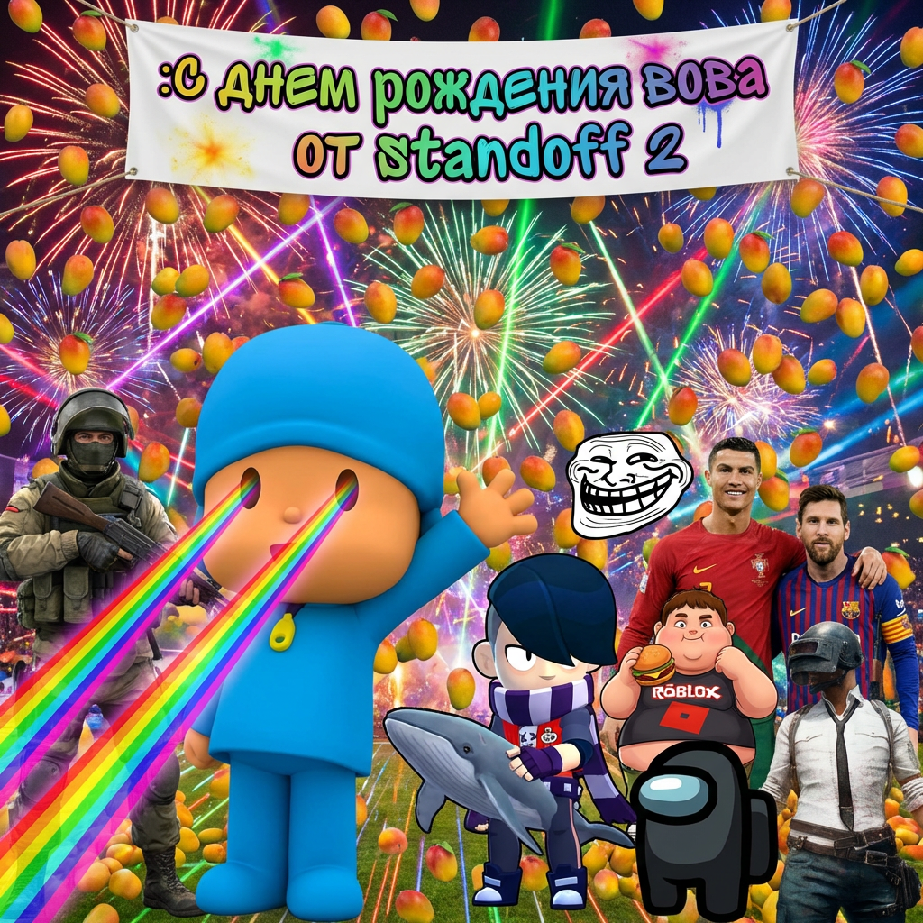 Сгенерируй картинку Покойо который стоит рядом со спецназом из стандоф 2 и китом с Эдгаром из бравл старса, амонгасом чёрного цвета и персонажем пабг и чтоб стоял очень упитанный мальчик с бургером в руке и логотипом игры Roblox на футболке и Роналду чтоб стоял держа руку на плече Месси одной рукой и чтоб там Троллфейс был рядом и чтоб с неба падали очень много манго и Покойо стрелял разноцветными лазерами из глаз и ещё чтоб фон был очень сильно полон разных спецэффектов и сверху надпись":с днем рождения вова от standoff 2"