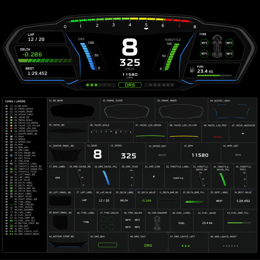 Necesito que me hagas un SVG completamente vectorial inspirado en el HUD de F1, pero original, pensado para telemetría, en base a esta imagen del hud del juego f1 25, lo necesito para un proyecto personal de telemetria y necesito las capas para poder replicarlo, lo necesito lo más parecido al auto de la iamgen