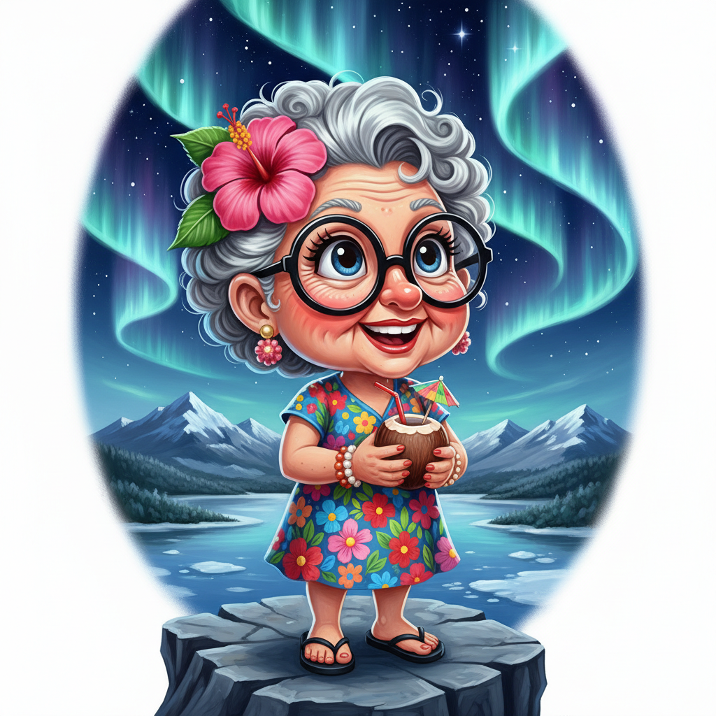 An explorer standing on a cliff, watching aurora ribbons illuminate the sky above GPTcute caricature glossy acrylic oil, chibi Cheerful cartoon-style older woman has voluminous, tightly curled silver hair adorned with a large, bright pink hibiscus flower and green leaves. Her face is characterized by oversized, round glasses with thick black borders, large, expressive eyes with long eyelashes, a prominent nose, and a broad, joyful smile that reveals her teeth. She wears a colorful floral dress in red, blue and pink with green leaves and simple black flip-flops. Her hands, with visible wrinkles and red-painted nails, hold a brown coconut drink with a red straw and a small, colorful paper umbrella. She wears several pearl bracelets (white, red and orange) and earrings. The composition is a full-body portrait.Rendering in Native 4K. ,oil painting, white backgroundImage.app's creative studio.