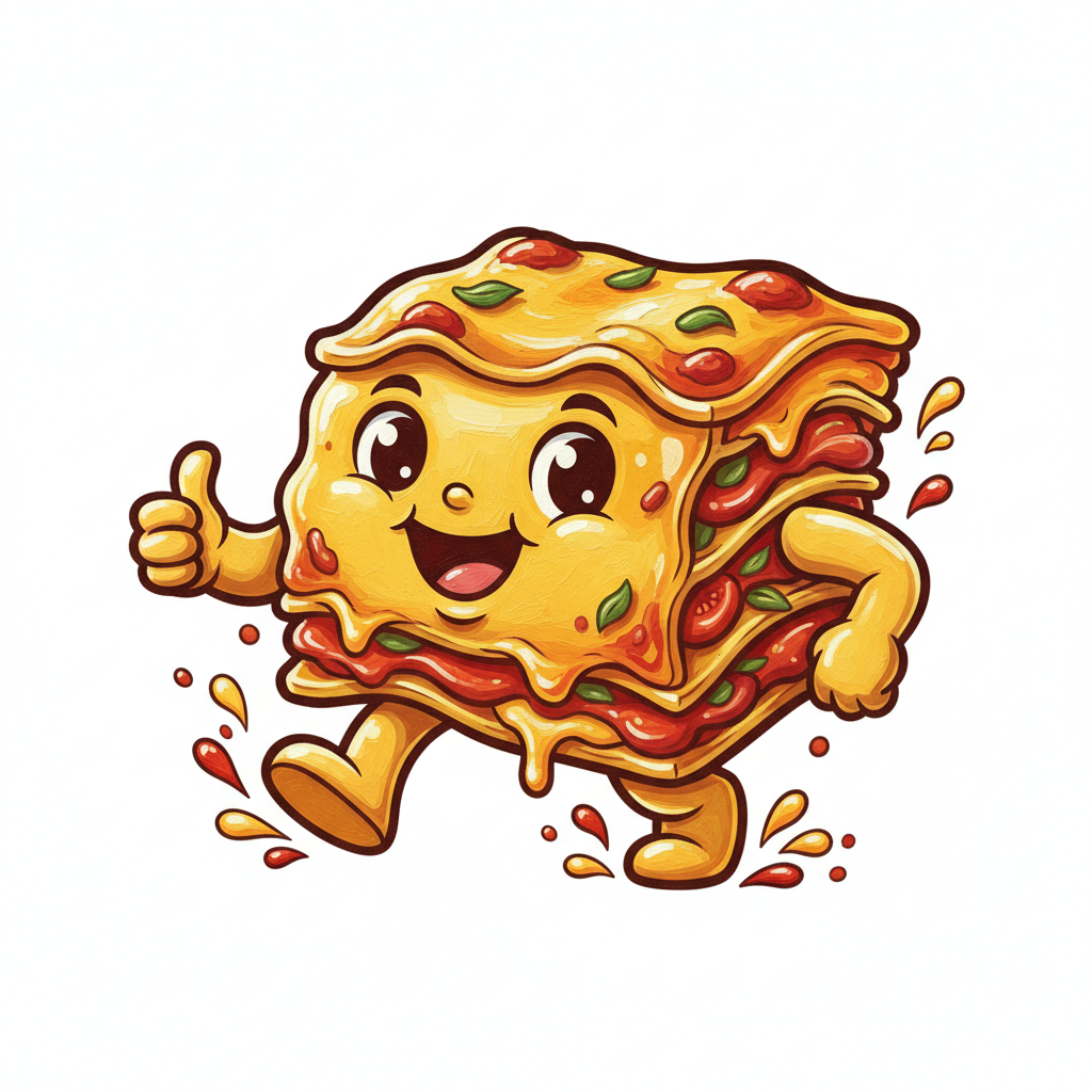 cute caricature glossy acrylic oil, chibi Lasagna piece with arms, legs and a face. The figure is depicted in a dynamic pose, with one hand pointing the thumb up and one foot stepping forward, drops of cheese and sauce emerging from her body and shoes.Rendering in Native 4K. ,oil painting, white background