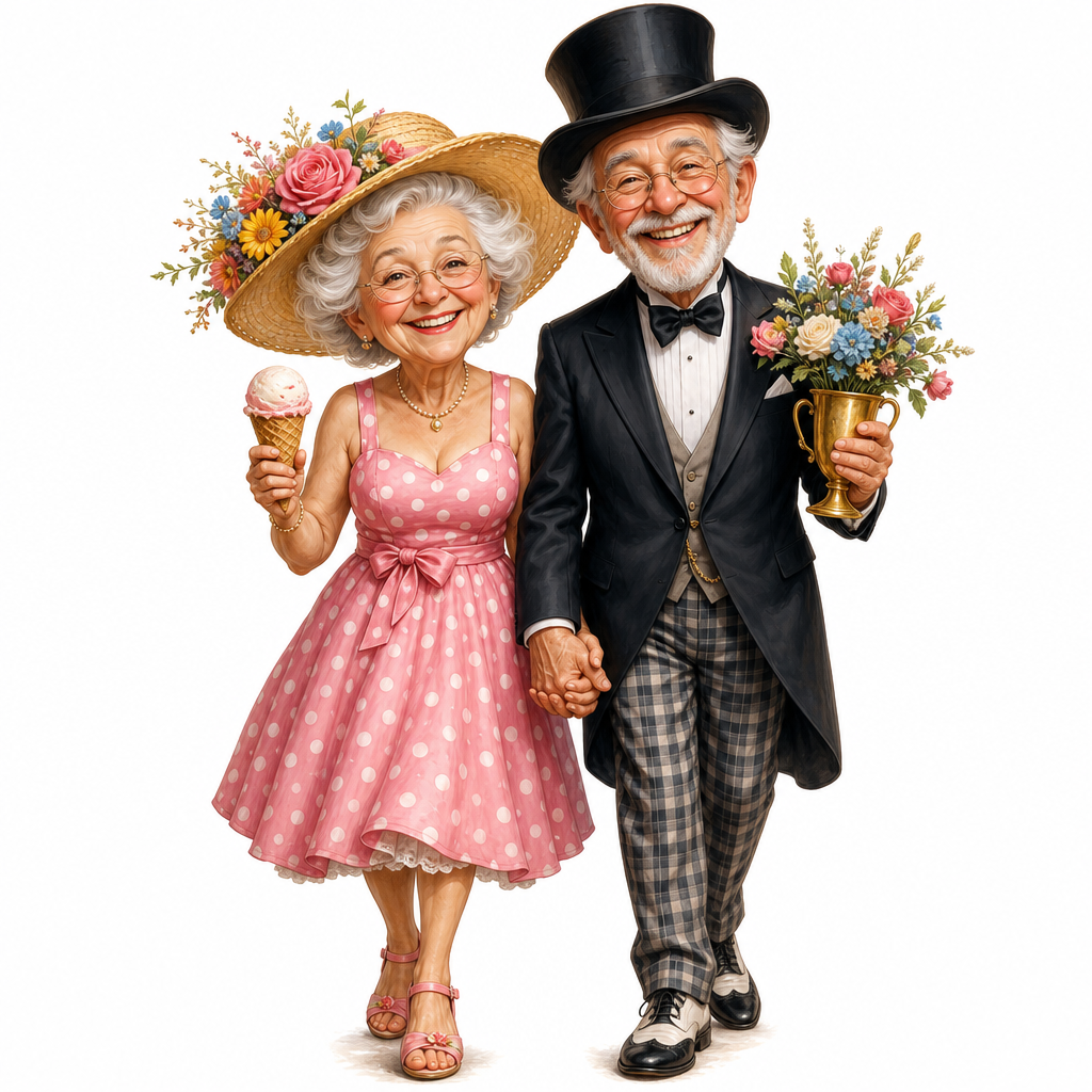 cute caricature older couple walking hand in hand. The elderly woman wears a pink dotted summer dress and a wide-brimmed straw hat adorned with colorful, realistic flowers; she has white hair, glasses, and a cheerful expression while holding an ice cream cone. Wearing a formal tuxedo jacket, bow tie, plaid trousers and a black top hat, the elderly man smiles broadly while holding a small golden cup filled with a bouquet of flowers,50 pixels .Rendering in Native 4K. oil painting, white background