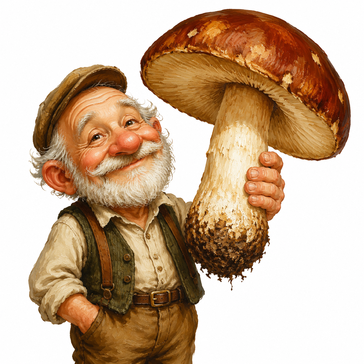 Cute Caricature old man holds a really big mushroom in his handt table  Rendering in Native 4K, Oil Painting, White Background