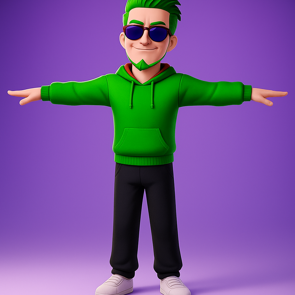 make a full body image of my character wearing a green hoodie and long black sweat pants and make him t pose white background.