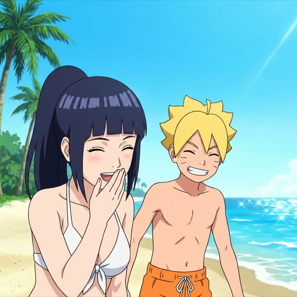 Create a scene of Hinata Hyuuga and her son, Boruto Uzumaki. Generate in the same art style of the Boruto: Naruto Next Generations.



Hinata and Boruto are in a beach, laughing. Boruto wears an orange shorts. Hinata wears a white bikini that barely cover her giant breasts.