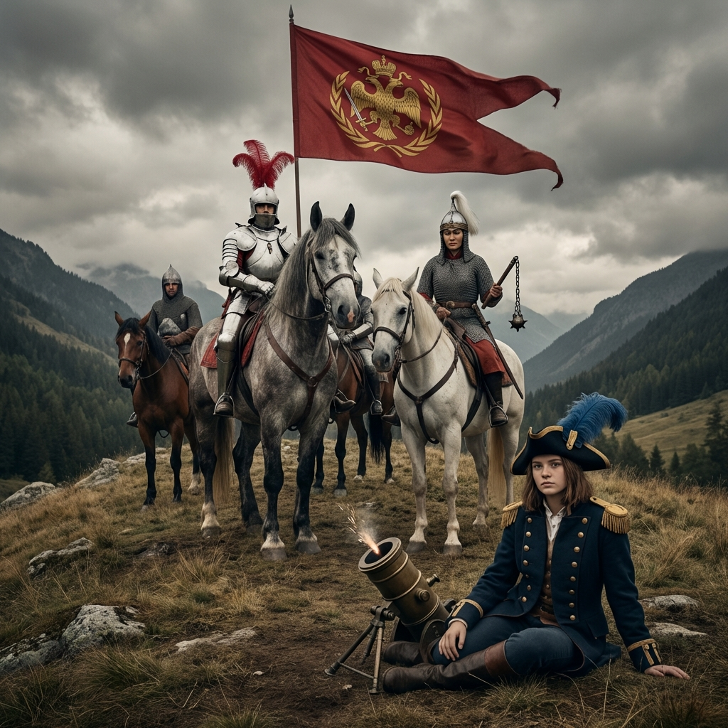 На переднем плане небольшой холм, на нём конные воины. Облачённые как в латы, так и в другие доспехи. У некоторых на шлемах либо белый, либо синий, либо очень редко красный султан. Один рыцарь в белом полном латном доспехе восседает на сером першероне, на шлеме алый султан. Рядом с ним девушка, восточной наружности, в кольчуге и островерхом шлеме, шишаке, с белым султаном, она сидит на белой лошади в руках кистень. Над войсками алый флаг, с золотым двуглавым орлом, с короной, в лапах орла клинок и лавровый венок. Впереди всех на земле сидит девушка-подросток. На ней одежда средневекового капитана корабля, на плечах золотые эполеты, на голове девушки треуголка с синим плюмажем и кокардой, с двуглавым орлом. Рядом с ней смотрящая вертикально вверх стволом мортира, в которую вложен фейерверк, с торчащим вверох фитилём. На заднем плане видно, что долина с холмом находиться между двумя заросшими лесом горными хребтами. Стиль работы грубый реалистичный, приглушённые цвета Картина реалистичного фотографического изображения, профессиональное фото, красиво, высокая детализация, высокое разрешение, динамика, кинематографично, композиция включает перспективу, передний план, средний план и дальний план Динамичные кинематографические боевые композиции, драматичное освещение, идеальная анатомия, захватывающие изображения, реалистичные световые эффекты, блестящая кожа, ультра высокой четкости, высочайшее качество, шедевр, Ультра HD