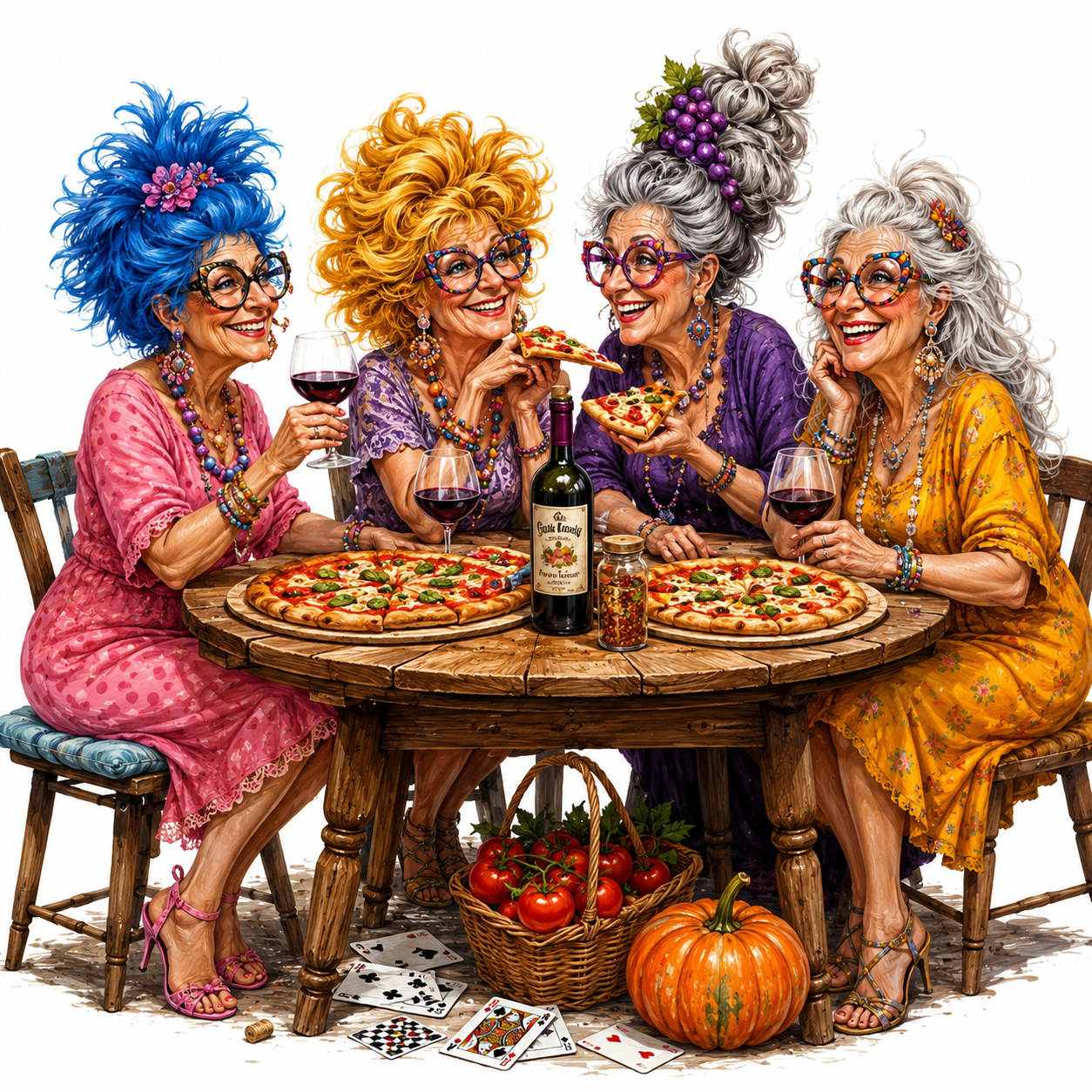 An explorer standing on a cliff, watching aurora ribbons illuminate the sky abcute caricature high-quality, four quirky older women with oversized glasses and colorful hairstyles gathered around a wooden table enjoying pizza and wine. The woman on the left has bright blue hair and a pink dress, holding a glass of wine; the second has voluminous golden-blonde hair; the third has silver hair tied in a tall bun with purple grapes; and the fourth has long silver hair and a yellow dress. On the table are two whole pizzas, a bottle of red wine and a container of spices. Scattered playing cards, fresh tomatoes in a wicker basket and a pumpkin lie under the table on the floor. . Rendering in Native 4K, 50 pixel, oil painting, white backgroundove GPTImage.app's creative studio.