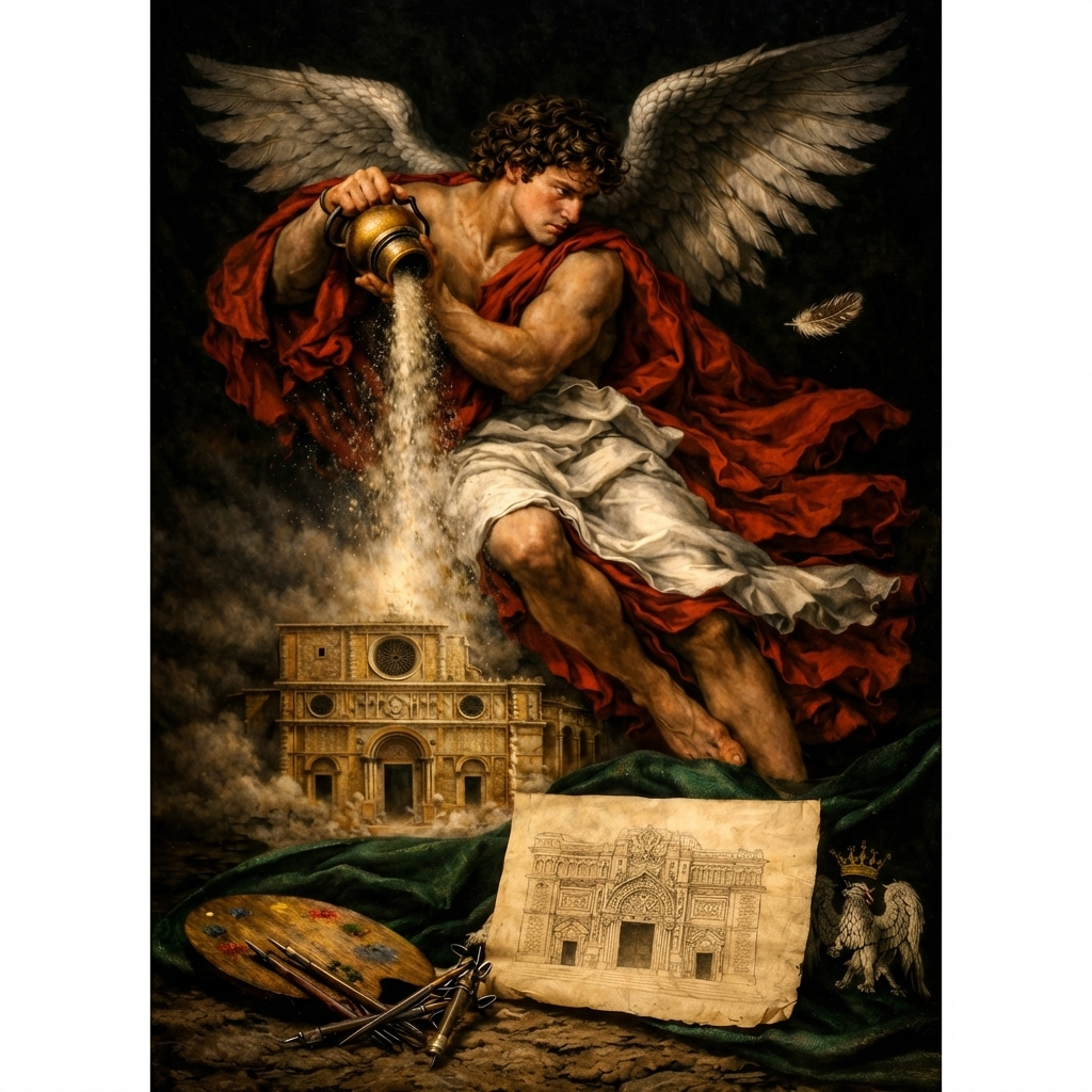 il tessuto verde di raso. sostituisci vaso con brocca di rame e iperrealismo caravaggesco e ali dettagliate e proporzionate