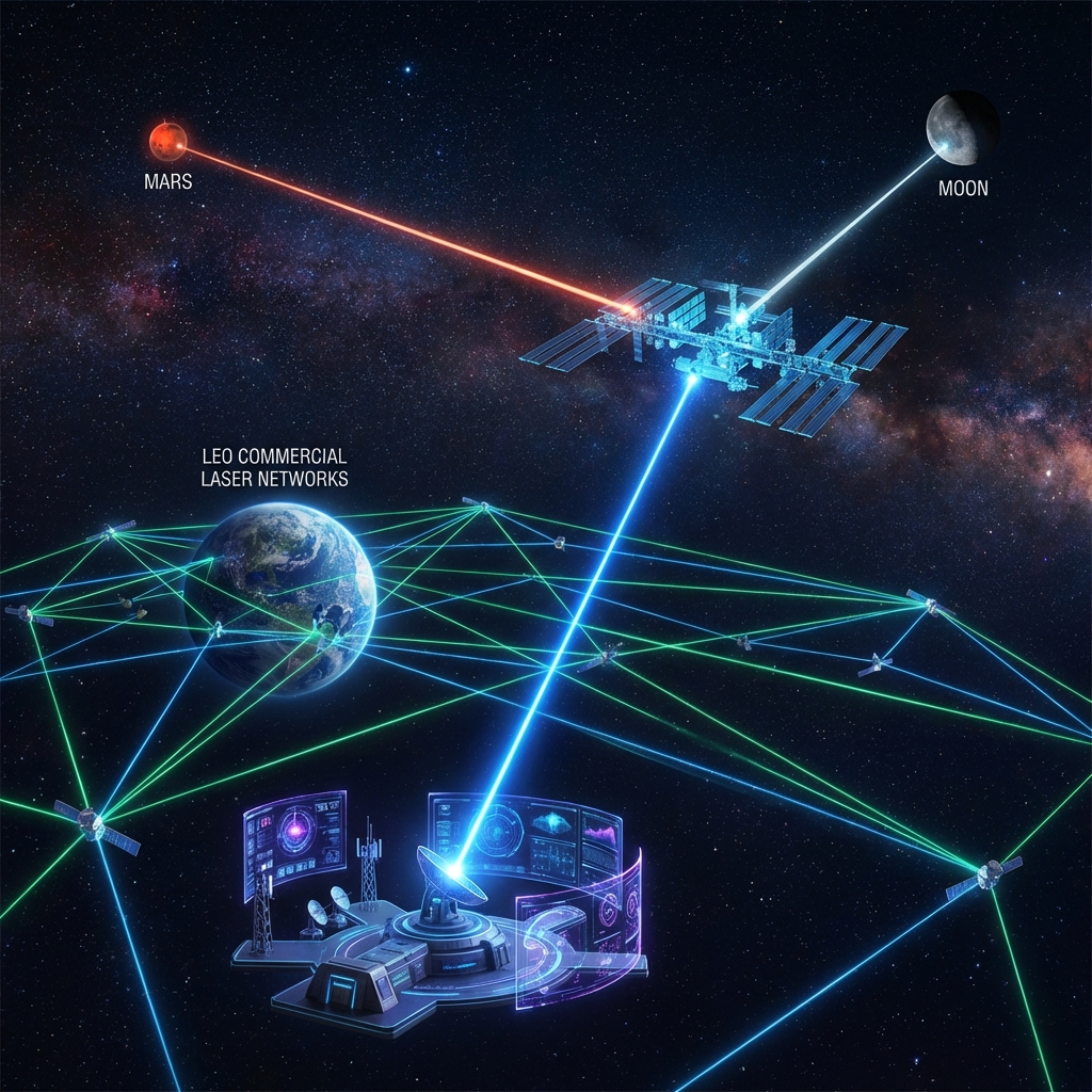 在深空背景中，描绘一个激光通信捕跟模拟器的场景，画面中心是一座地面站，地面站以点状形式与太空中的空间站建立激光通信链路。周围环绕着已知的低轨商业航天激光组网，展示出多个激光链路的交错连接。画面中还要包含火星与空间站之间的激光链路，以及月球与空间站的激光通信。整个场景应呈现出科幻的氛围，背景是深邃的宇宙，星空璀璨，星星闪烁，光线从激光束中透出，营造出未来科技感的视觉效果。使用冷色调的灯光，突出激光的亮度和空间站的结构，构图上要注重层次感，确保各个元素之间的关系清晰可见，同时展现出深空探索的宏伟与神秘。