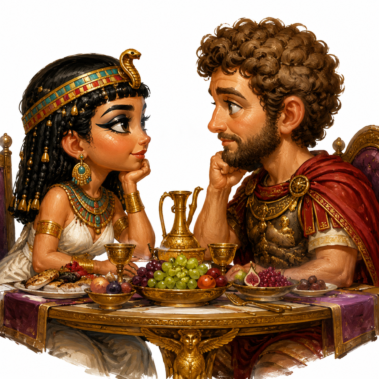 Cute Caricature side-view of Kleopatra and Marc Aurel sit at a richly set table  Rendering in Native 4K, Oil Painting, White Background