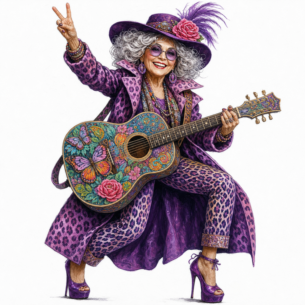 cute caricature A stylish, vibrant older woman who acts as a rock star and is portrayed in a quirky, colorful cartoon art style. She has silver curly hair, round glasses, and wears a purple leopard-print trench coat, matching patterned pants, and purple high heels. She poses energetically with a raised hand in a peace sign while playing an acoustic guitar adorned with intricate, colorful floral and butterfly patterns on her body. She wears a purple wide-brimmed hat decorated with a pink rose and purple feathers.. 50 pixel, Rendering in Native 4K. oil painting, white background