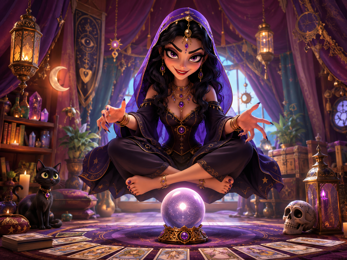Change the design of the gothic oracle and, her suit and her position in her fortune teller's tent. Debe flotar levemente. The image must be in 3D Disney Pixar style and toon, not so dark. Exaggeration expressions and features. Parte de la decoración debe ser esotérica. Ella debe tener capucha o algo en la cabeza de adivina y una mirada inquietante aunque atractiva y una sonrisa maliciosa, y descalza con uñas pintadas y ocupar casi toda la parte vertical de la imagen con la bola de cristal para invocarla en frente Y cartas del Tarod. La imagen debe ser algo más ancha que alta y en una combinación perfecta que realce a la adivina que es la protagonista. La imagen debe ser en formato 4:3