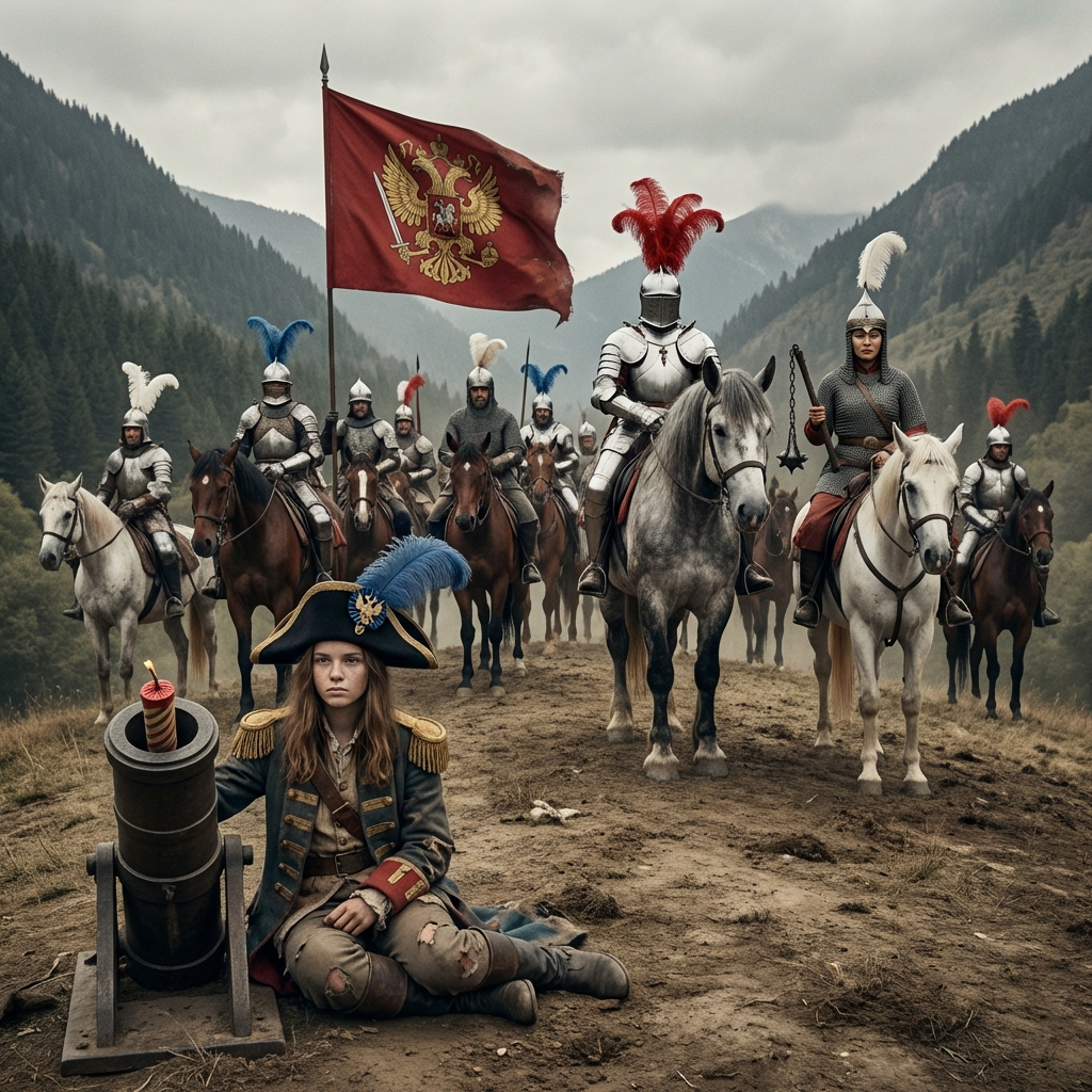 На переднем плане небольшой холм, на нём конные воины. Облачённые как в латы, так и в другие доспехи. У некоторых на шлемах либо белый, либо синий, либо очень редко красный султан. Один рыцарь в белом полном латном доспехе восседает на сером першероне, на шлеме алый султан. Рядом с ним девушка, восточной наружности, в кольчуге и островерхом шлеме, шишаке, с белым султаном, она сидит на белой лошади в руках кистень. Над войсками алый флаг, с золотым двуглавым орлом, с короной, в лапах орла клинок и лавровый венок. Впереди всех на земле сидит девушка-подросток. На ней одежда средневекового капитана корабля, на плечах золотые эполеты, на голове девушки треуголка с синим плюмажем и кокардой, с двуглавым орлом. Рядом с ней смотрящая вертикально вверх стволом мортира, в которую вложен фейерверк, с торчащим вверох фитилём. На заднем плане видно, что долина с холмом находиться между двумя заросшими лесом горными хребтами. Стиль работы грубый реалистичный, приглушённые цвета Картина реалистичного фотографического изображения, профессиональное фото, красиво, высокая детализация, высокое разрешение, динамика, кинематографично, композиция включает перспективу, передний план, средний план и дальний план Динамичные кинематографические боевые композиции, драматичное освещение, идеальная анатомия, захватывающие изображения, реалистичные световые эффекты, блестящая кожа, ультра высокой четкости, высочайшее качество, шедевр, Ультра HD