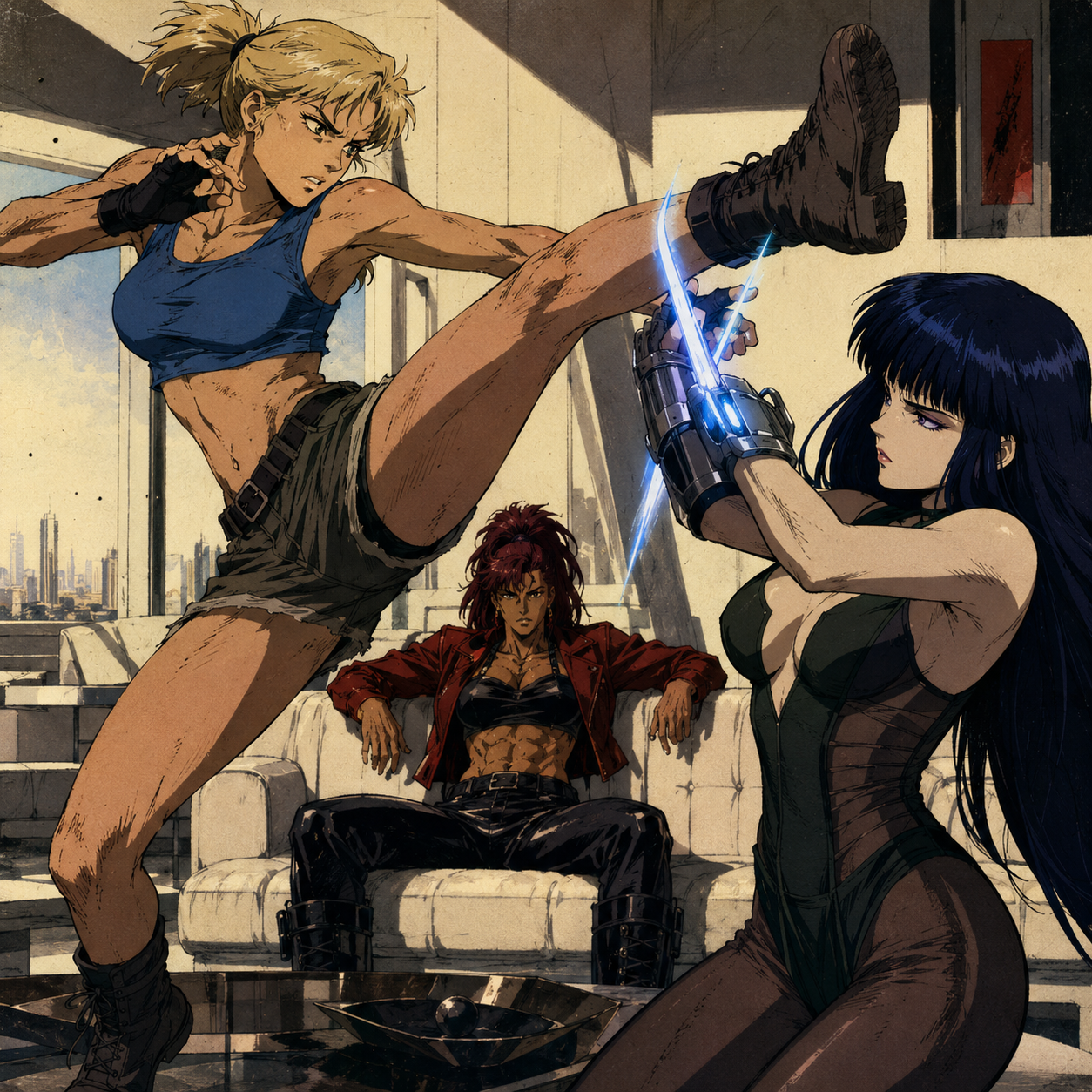 The Flanking Maneuver
Mid-shot dynamic angle, pure 1986 theatrical anime cel film style like Fist of the North Star. Alana Vance, an adult female with lean athletic build, sharp features, short practical blonde hair tied back tightly, wearing a fitted blue crop top exposing midriff, rugged athletic shorts, black fingerless gloves, and heavy combat boots, performs a spinning high kick toward Vespera, an adult female with sharp angular face, narrow amethyst eyes, pale porcelain skin, and deep midnight blue waist-length straight hair with blunt bangs, who parries with her glowing wrist-mounted industrial energy blades on bare arms, wearing a strictly sleeveless dark green and black tactical bodysuit with plunging neckline and sheer mesh ribs. In the background, Susan "Ironheart," a very tall adult female with powerful muscular physique, broad shoulders, defined abs, strong diamond-shaped face, dark brown intense eyes, warm olive weathered skin, and vibrant reddish-brown hair in a severe high ponytail, observes from a white leather sofa, wearing an intact cropped red jacket, tight black halter crop top with normal-width straight vertical straps, intact black latex tactical pants, and heavy black combat boots. The room is a pristine white penthouse with sleek geometric decor and dust motes dancing in harsh sunlight. Thick slightly wobbly hand-inked black outlines, heavy dense cross-hatching, strong yellowish old celluloid tint, heavy film grain, muted desaturated wasteland palette of bone-whites and rusty reds contrasting with white room, extreme high contrast hard shadows, raw vintage lofi theatrical OVA aesthetic, flat limited cel no gradients, subtle cel registration drift, intense understated post-apocalyptic atmosphere, highly detailed anime cel animation, masterpiece.