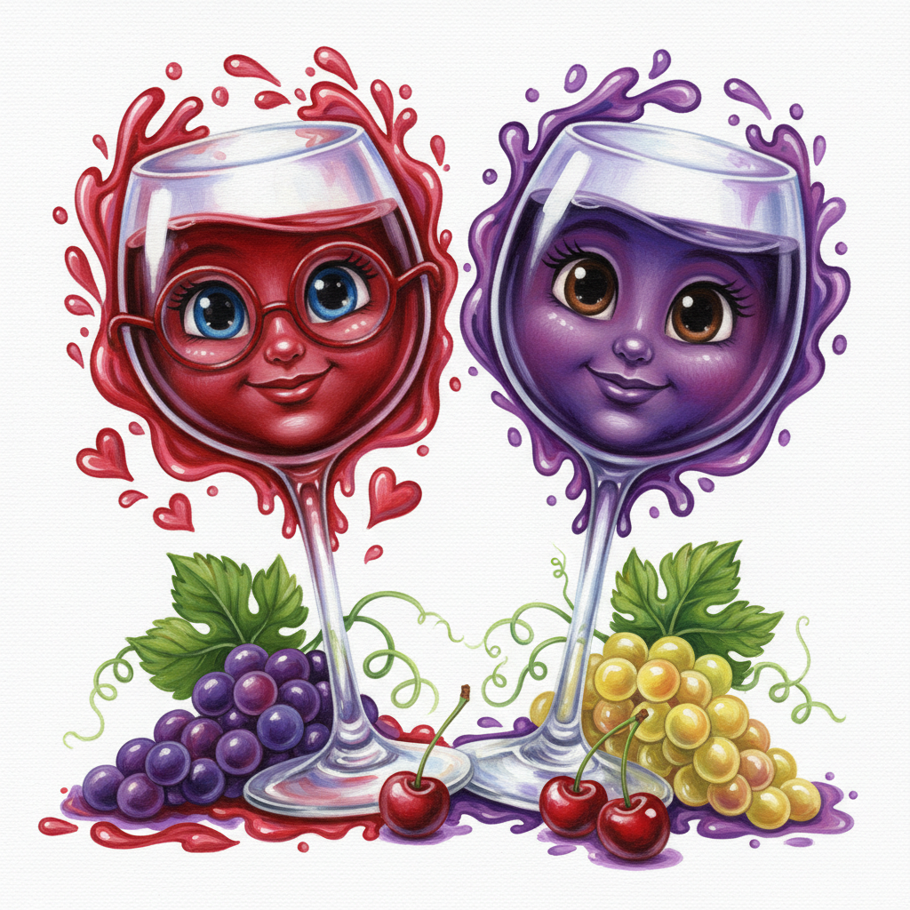 cute caricature glossy acrylic oil, mary engelbreit, full body view, two wine glasses with expressive faces. The left glass is filled with deep red wine and has a cheerful, smiling expression with large, sparkling eyes and round glasses. It is surrounded by splashes of red liquid and playful hearts. The right glass contains a rich purple wine, which also has a happy face with big eyes and a sweet smile. Both glasses are decorated with colorful splashes of their respective wines, creating a lively and dynamic effect. In the foreground you can see grapes and cherries, with the grapes in a grape on the left and yellow grapes with green leaves on the right. ,oil painting, white background