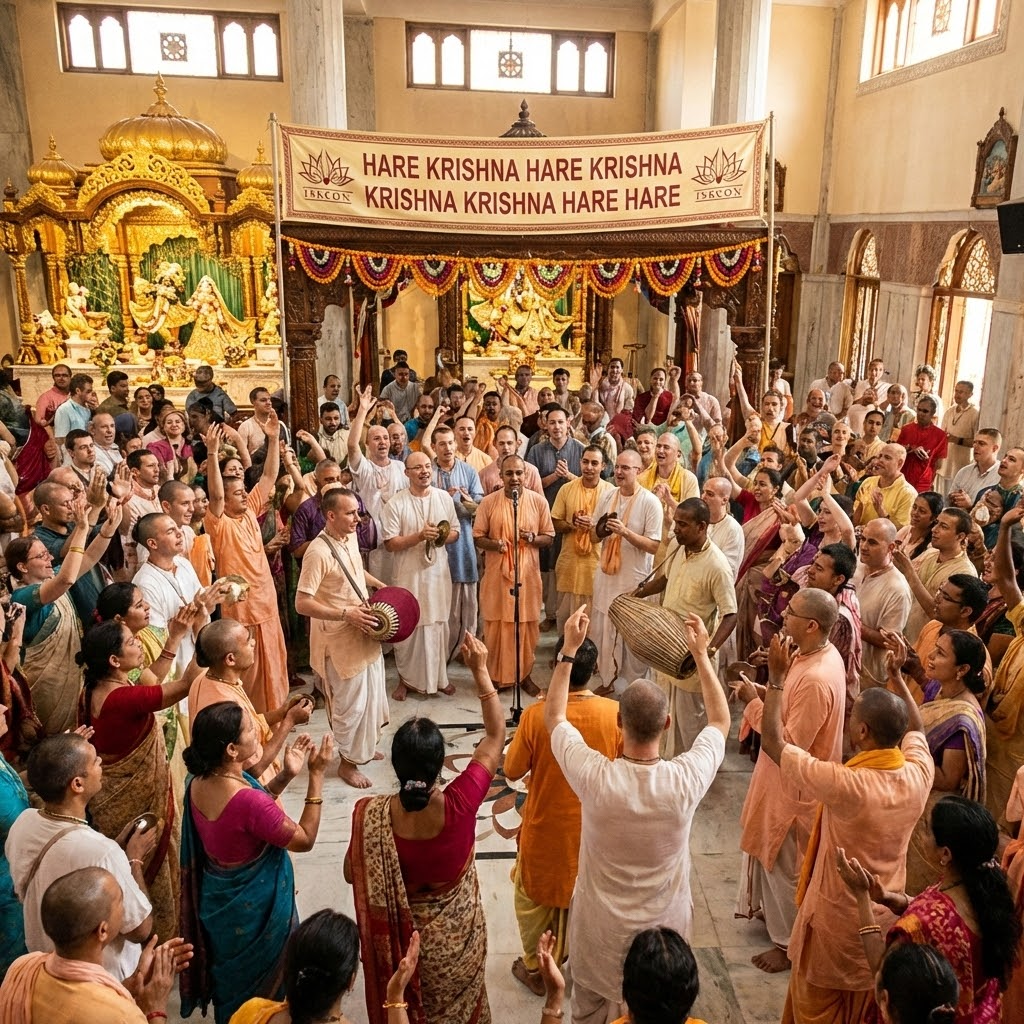 Hare Krishna kirtan at iskcon temple with 300-400 people enjoying ecstatic kirtan and dancing with kirtan.