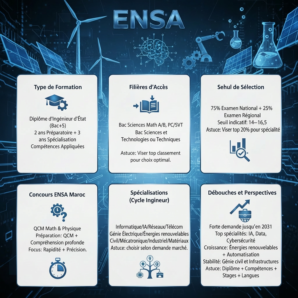 L'image contient des fautes d'orthographe, veuillez les corriger.  
Type de formation : Diplôme d’Ingénieur d’État (Bac+5), 2 ans Préparatoire + 3 ans Spécialisation, objectif : bases + compétences appliquées.
Filières d’accès : Bac Sciences Math A/B, PC/SVT, Bac Sciences et Technologies ou Techniques. Astuce : viser top classement pour choix optimal.
Seuil de sélection : 75% Examen National + 25% Examen Régional, seuil indicatif : 14–16,5. Astuce : viser top 20% pour spécialité.
Concours ENSA Maroc : QCM Math & Physique, préparation : QCM + compréhension profonde, focus : rapidité + précision.
Spécialisations (Cycle Ingénieur) : Informatique/IA/Réseaux/Télécom, Génie Électrique/Énergies renouvelables, Civil/Mécatronique/Industriel/Matériaux. Astuce : choisir selon demande marché.
Débouchés et perspectives : Forte demande jusqu’en 2031, top spécialités : IA, Data, Cybersécurité, croissance : énergies renouvelables + automatisation, stabilité : génie civil et infrastructures. Astuce : diplôme + compétences + stages + langues.