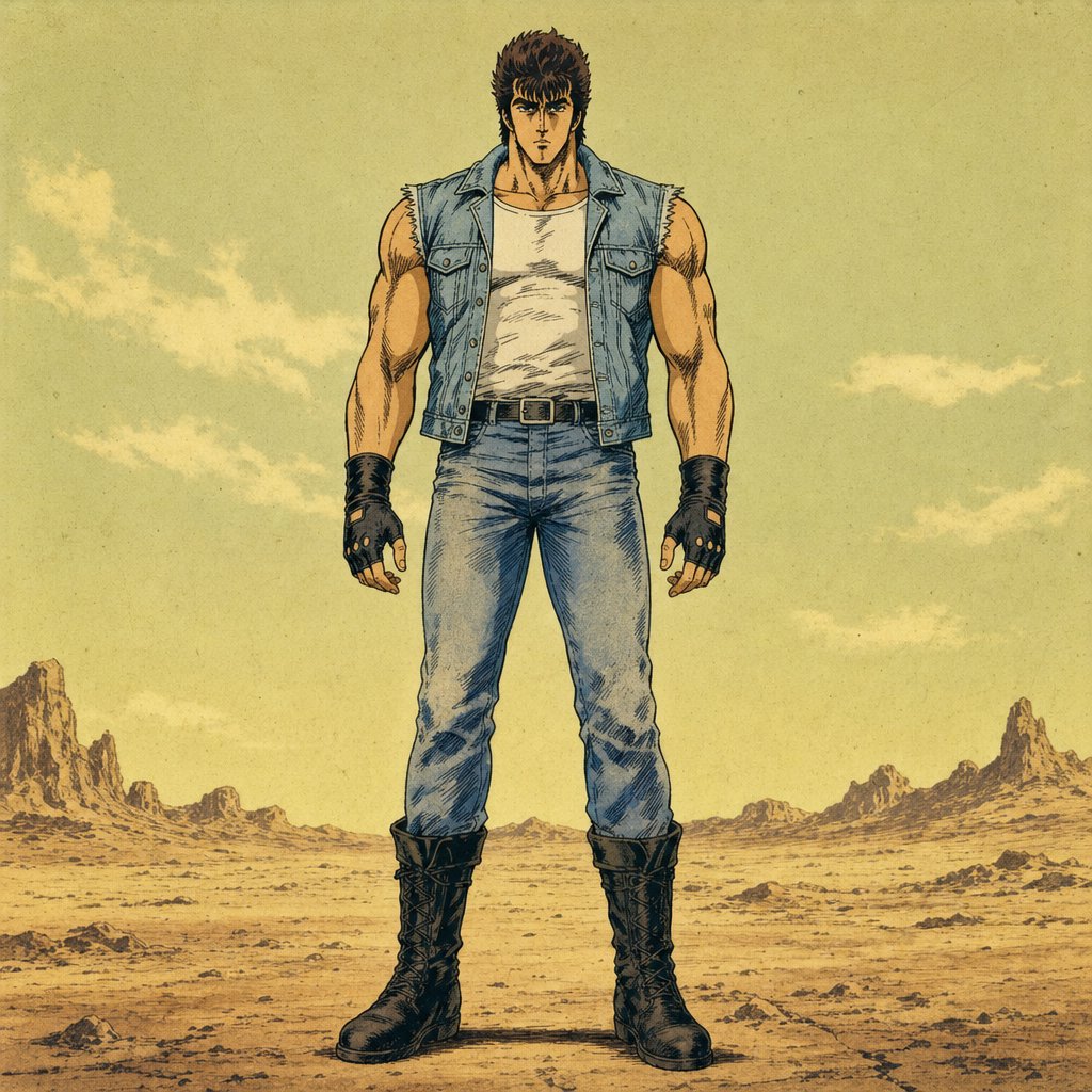(JAX VANE NP - FIST OF THE NORTH STAR STYLE - Parameters: Intact Light Denim Vest, White Undershirt, Faded Blue Jeans, Black Fingerless Gloves, Heavy Black Combat Boots, Front-Facing, Arms Down) [Gender Anchor] Male character. A tall, athletic adult male with a powerful V-shaped torso, square jaw, and sharp cheekbones stands in a front-facing, neutral pose against a pale desert sky. He has short, angular, swept-back dark brown hair. He wears an intact, sleeveless light denim vest left open at the chest, revealing a clean white cotton undershirt. He wears faded blue jeans tucked into heavy black combat boots with thick soles. On his hands are black fingerless gloves made of worn leather. His arms hang naturally at his sides with hands open and relaxed. His expression is calm and observant, with narrow intense eyes looking forward. The image features thick, hand-inked black outlines, heavy dense cross-hatching, and a strong yellowish old celluloid tint. 1986 theatrical anime aesthetic, flat cel shading, no gradients, heavy film grain