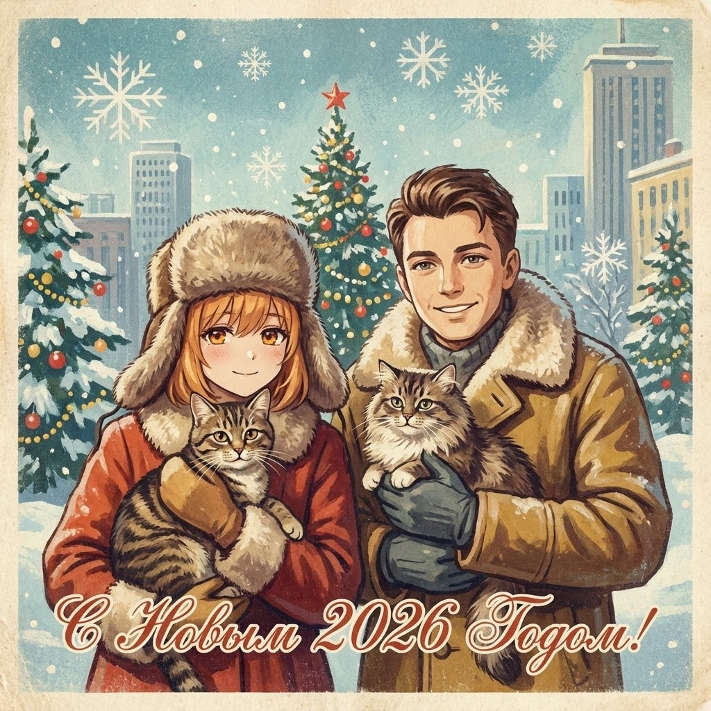 Праздничная иллюстрация в стиле старых советских открыток середины XX века, выполненная гуашью. Композиция: женщина в меховой шапке держит (кота), рядом мужчина в зимнем пальто с (котом). Критически важно: лица персонажей и животных точно воспроизводят черты, пропорции и выражения с приложенных фотографий, адаптированные под живописный стиль. Окружение: заснеженный городской пейзаж, украшенные ёлки, крупные снежинки. Колористика винтажная – приглушённая палитра с голубовато-белыми и тёплыми красно-коричневыми акцентами, эффект выцветшей полиграфии. Текстура бумаги шероховатая с зернистостью, контуры мягкие. Надпись декоративным каллиграфическим шрифтом: «С Новым 2026 Годом!» Общее настроение – ностальгическая новогодняя теплота 1950-х.