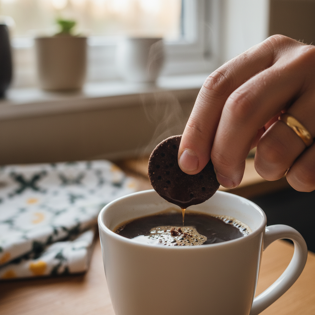 jake smith age 38 he holding dark black chocolate digestive in his hand uk and he wears his yellow classic 2k 3mm gold wedding ring and dunks chocolate digestive in his coffee