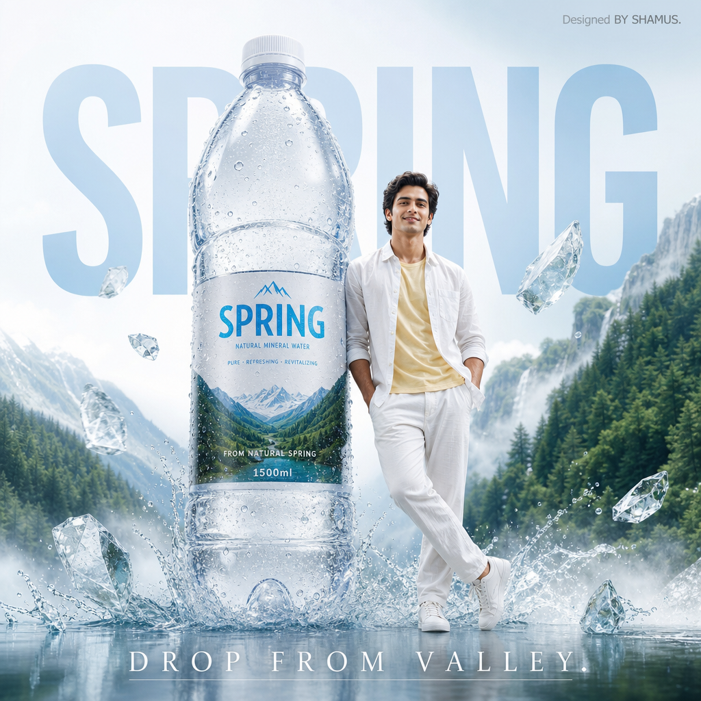 A premium mineral water advertisement poster featuring a fresh-faced young man in a relaxed white and yellow linen outfit standing confidently beside a giant crystal-clear mineral water bottle nearly 3x her height, covered in realistic water droplets with the “SPRING” label clearly visible. The scene is set against a clean arctic-white AND FOREST GREEN minimal background filled with floating ice crystals, soft mist, and dynamic water splash effects creating a refreshing luxury commercial atmosphere. Large crisp sans-serif typography reading “SPRING ” appears subtly oversized in light blue across the background, while the tagline “DROP FROM VALLEY.” is placed elegantly at the bottom. In the top-right corner, small grey text reads “Designed BY SHAMUS.” Photorealistic lighting, ultra-clean product advertising aesthetic, glossy reflections, premium hydration campaign style, minimal yet cinematic composition.