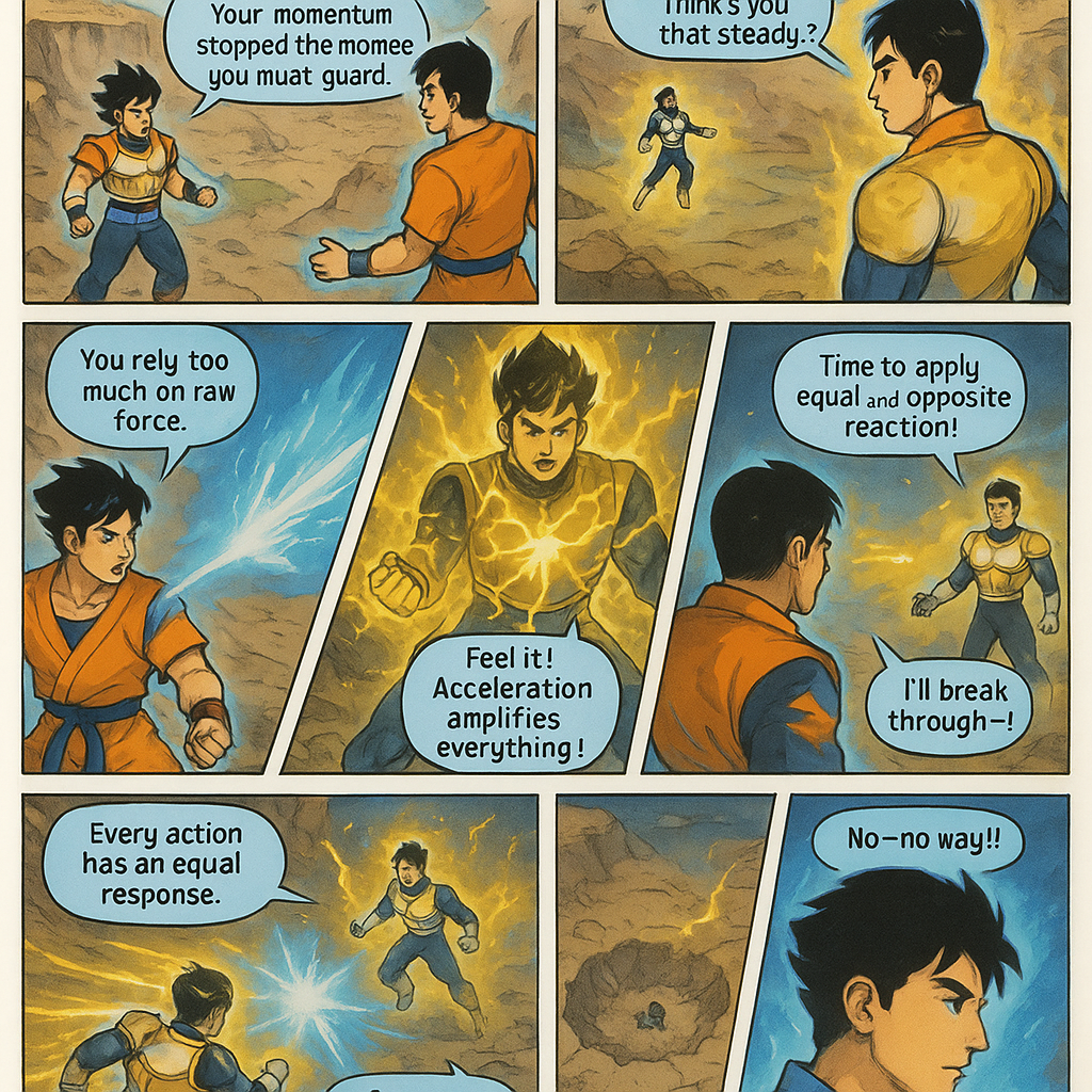 Create a full-page comic titled "NEWTON STRIKE" composed of 9 distinct panels arranged exactly in the provided comic template with the following layout:

- Top row: 2 rectangular panels side by side.
- Second row: 3 trapezoidal panels side by side.
- Third row: 2 trapezoidal panels side by side.
- Bottom row: 2 rectangular panels side by side.

Each panel's content, camera angle, framing (using ASCII as guidance), character poses, and dialogue are described below. The panels should visually fit their respective shapes (trapezoidal panels should have dynamic angled edges, rectangular panels have straight edges). The final page should have clear visible borders separating each panel, with readable dialogue bubbles and captions, arranged precisely in this layout.

CHARACTER COLORS:  
HERO — Orange-Gi Martial Artist: warm peach skin (#F2C7AA), jet black hair with blue rim-light (#3A75FF), vivid orange gi (#FF7A00), dark ocean blue undershirt/belt (#1A2F6F), deep red wristbands/boot trim (#A3001A), tan boots (#D4B48A), aura calm sky-blue (#87CEFA), charged electric blue (#0CF4FF).  
RIVAL — Armored Power Fighter: light tan skin (#EAC9B1), navy-black hair (#0B0D20), white armor with gold trim (#F8F8FF/#E6B53A), midnight blue bodysuit (#0E1C4E), white gloves/boots (#F5F5F5), aura base yellow-white (#FFEF6A), rage gold lightning (#FFD400).

---

PANELS:

1) Top Left Rectangle (Law of Inertia, Newton 1)  
Aerial wide shot above rocky landscape, HERO and RIVAL hovering facing off.  
ASCII: [CAM] ----- high wide angle ----> O X  
Dialogue: Hero: "Your momentum stopped the moment you met my guard."  
Rival: "Tch… how are you that steady?"  

2) Top Right Rectangle (Continuing Inertia)  
Medium side shot; HERO stable, RIVAL drifting.  
ASCII: [CAM] ---- side view ----> O      X  
Dialogue: Hero: "Objects at rest or motion stay that way until acted on."  

3) Middle Left Trapezoid (Energy Blast, Newton 2)  
Mid-shot diagonal; HERO fires blue energy blast, RIVAL aura yellow.  
ASCII: [CAM] \\ \\ -> blast trajectory O ------------------------------------------------> X  
Dialogue: Hero: "You rely too much on raw force."  
Rival: "Then I’ll increase it!"  

4) Middle Center Trapezoid (Power-Up)  
Low-angle up-shot; RIVAL aura erupts gold lightning with white cores, cracked ground.  
ASCII: [CAM] ^ | cracked ground [ X ]  
Dialogue: Rival: "Feel it! Acceleration amplifies everything!"  
Hero (quietly): "Force… proportional to mass and acceleration. Right."  

5) Middle Right Rectangle (Preparing Counter)  
Over-shoulder medium shot behind HERO; HERO charging aura, RIVAL approaching.  
ASCII: [CAM] ---- O | X  
Dialogue: Hero: "Time to apply equal and opposite reaction."  

6) Lower Left Trapezoid (Action-Reaction Impact, Newton 3)  
Head-on frame; HERO braced, RIVAL lunges with gold-lit punch, visible shockwave shield.  
ASCII: [CAM] -----> X >>>>>>>>> |Shield| <<<<<<<< O  
Dialogue: Hero: "Every action has an equal response."  
Rival: "I’ll break through—!"  

7) Lower Right Rectangle (Recoil Flight Splash)  
3/4 upward splash shot; RIVAL spiraling away with gold arcs, HERO calm foreground.  
ASCII: X ))))))))))))))))) <--- Rival spinning away / / O <--- Hero waving [CAM]  
Dialogue: Hero: "You brought this reaction upon yourself."  
Rival: "No—no way!!"  

8) Bottom Left Rectangle (Aftermath, Newton 1 Redux)  
Top-down over crater; HERO hovering, RIVAL tiny chibi-KO’d inside crater.  
ASCII: [CAM] | \ | / crater O X  
Dialogue: Hero: "Newton’s laws don’t bend… even for you."  
Rival: "Ugh… science is cruel…"  

9) Bottom Right Rectangle (Reflection / Force Analysis)  
Medium close-up HERO profile observing crater, calm aura, thought bubble F=ma.  
ASCII: [CAM] ---- O (Hero observing)  
Dialogue: Hero: "Mass, acceleration, and reaction… perfectly balanced."

---

STYLE: Dramatic cinematic comic style, vivid colors consistent with palettes, energy aura effects (HERO sky-blue/electric blue, RIVAL yellow/gold lightning), serious tone, continuous storytelling, dynamic camera angles per panel, panels shaped and sized exactly as in the provided template, crisp panel borders, and readable dialogue bubbles.