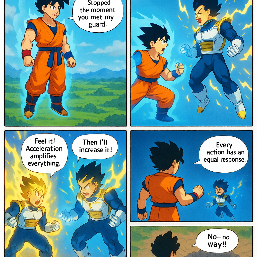 CHARACTER COLOR PALETTES
HERO — “Orange-Gi Martial Artist” (Goku-inspired, but original)

Skin: warm peach #F2C7AA
Hair: deep jet-black with blue rim-light #0A0A0A / #3A75FF
Gi (primary): vivid orange #FF7A00
Gi undershirt / belt: dark ocean blue #1A2F6F
Wristbands / boots trim: deep red #A3001A
Boots (base): tan / warm beige #D4B48A
Aura (calm mode): soft sky-blue #87CEFA
Aura (charged): bright electric blue #0CF4FF

RIVAL — “Armored Power Fighter” (Vegeta-inspired silhouette, original)

Skin: light tan #EAC9B1
Hair: dark navy-black #0B0D20
Armor (main): white with cool highlights #F8F8FF
Armor trim: gold #E6B53A
Bodysuit: midnight blue #0E1C4E
Gloves / boots: white #F5F5F5
Aura (base): harsh yellow-white #FFEF6A
Aura (rage state): gold lightning flares #FFD400 with white cores

CAMERA-DIAGRAM THUMBNAILS (ASCII Storyboards)

These are simple top/down/side icons to clarify framing.

PANEL 1 — Inertia (Aerial Wide Shot)
      [CAM] ----- high wide angle ----->
             O     X
           (Hero)(Rival)
        <hovering above landscape>

PANEL 2A — Energy Blast (Mid Shot, Diagonal)
         [CAM]
           \
            \  -> blast trajectory
             O  ------------------------------------------------> X
           (Hero)               (Rival powering up later)

PANEL 2B — Power-Up (Low Angle Up-Shot)
           [CAM]
             ^
             |
      cracked ground
           [ X ]  <-- Rival centered, aura expanding

PANEL 3 — Action–Reaction (Head-On Impact Frame)
[CAM] ----->  X >>>>>>>>>    |Shield|   <<<<<<<< O
             Rival punch --> impact --> Hero stands

PANEL 4 — Splash Page (Hero Foreground, Rival Spiraling Away)
        X )))))))))))))))))  <--- Rival spinning away
      /
    /
  O   <--- Hero waving
[CAM] (3/4 upward shot to sky)

PANEL 5 — Aftermath (Top-Down Over Crater)
          [CAM]
            |
          \ | /
         crater
       O (hovering)
       X (chibi KO'd inside)

SERIOUS DIALOGUE BUBBLES (One per panel)

Tone: controlled, confident, not comedic.

PANEL 1 — Law of Inertia

Hero:
“Your momentum stopped the moment you met my guard.”

Rival:
“Tch… how are you that steady?”

PANEL 2A — Energy Blast

Hero:
“You rely too much on raw force.”

Rival:
“Then I’ll increase it!”

PANEL 2B — Power-Up

Rival:
“Feel it! Acceleration amplifies everything!”

Hero (quietly):
“Force… proportional to mass and acceleration. Right.”

PANEL 3 — Action–Reaction

Hero:
“Every action has an equal response.”

Rival (mid-punch):
“I’ll break through—!”

(Impact sends him flying back)

PANEL 4 — Splash Page

Hero:
“You brought this reaction upon yourself.”

Rival (spiraling away):
“No—no way!!”

PANEL 5 — Aftermath

Hero:
“Newton’s laws don’t bend… even for you.”

Rival (small, dazed):
“Ugh… science is cruel…”